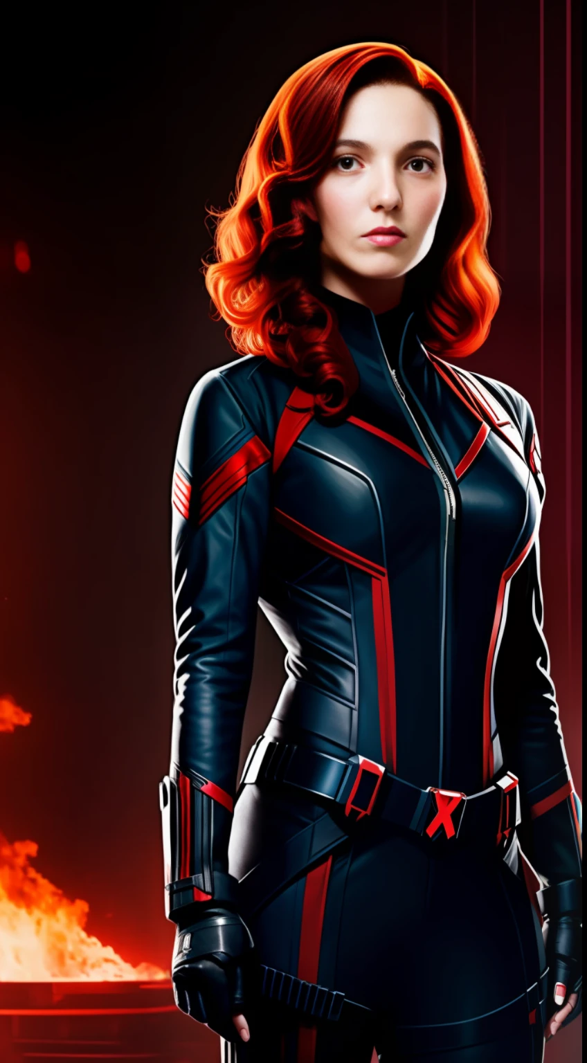 A woman wearing the Black Widow outfit from the Marvel movie, she is looking at the camera, UHD, Cena de filme, 8k