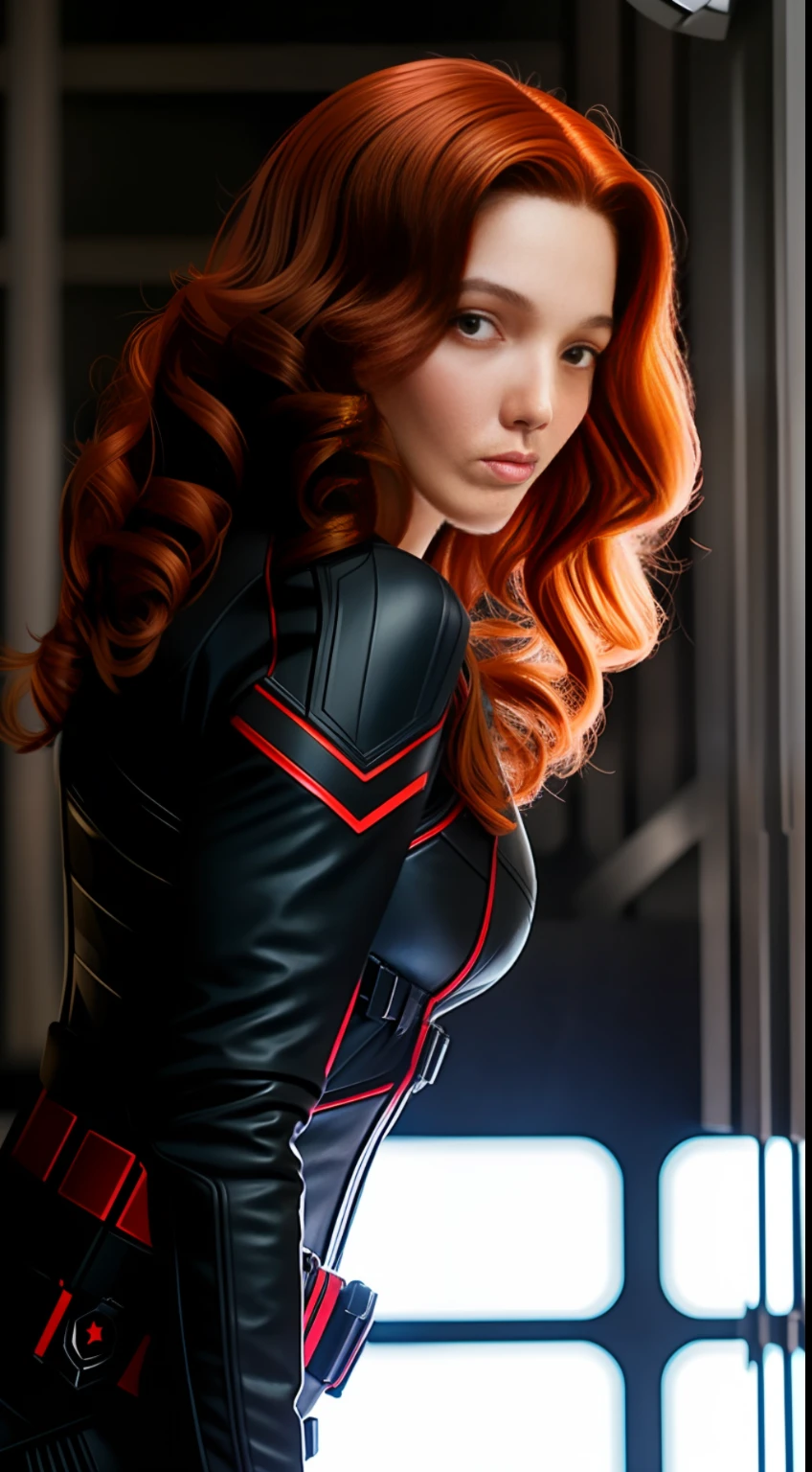 A woman wearing the Black Widow outfit from the Marvel movie, she is looking at the camera, UHD, Cena de filme, 8k