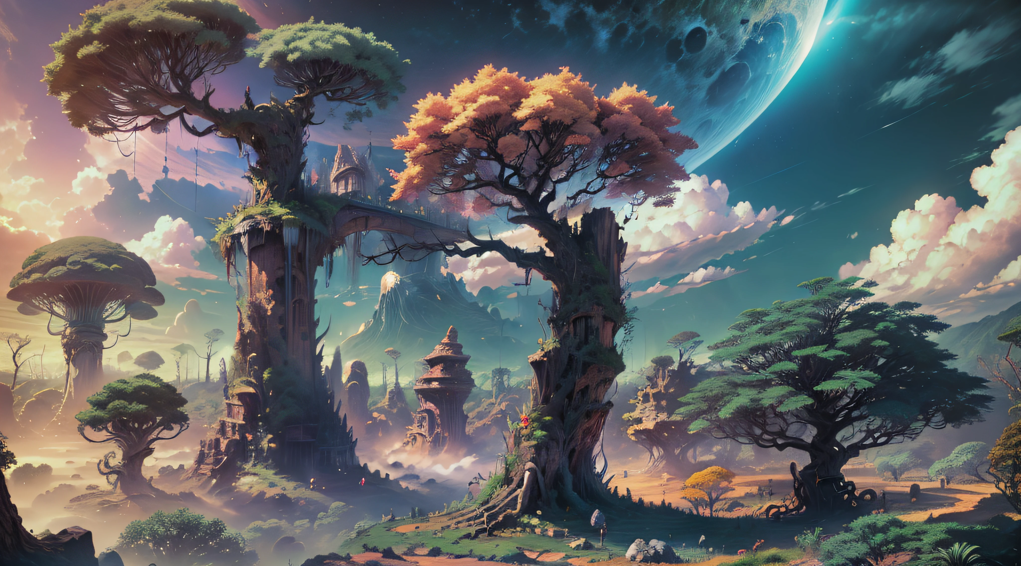 Beautiful forest with colorful trees and giants with roots samples, palmeiras, coqueiros, montanhas gigantes com arquiteturas em ruinas, sky with clouds, sol, lua, alien planets, cachoeiras enormes com rio reluzente, cabanas detalhadas, moinho, (8k), foto realista,