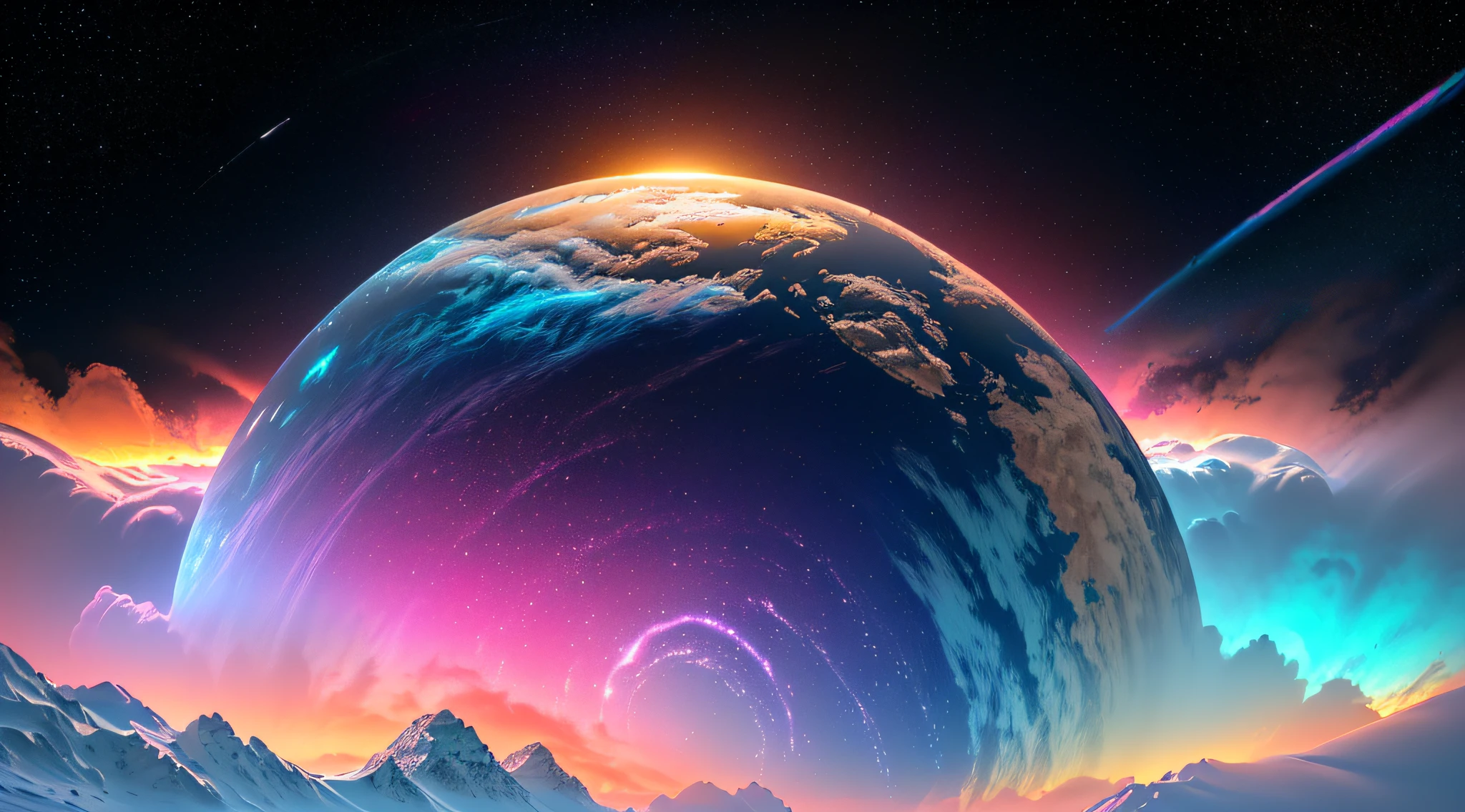 dublex ((((8k)))) HD photo extremely detailed render (((iridescent))) planet, yellow-pink electric snow landscape, some biological features on the planet’s surface are so massive they can been seen from space, cities can be seen from space ((lights)) ((swirling clouds))High Detail, Sharp focus, dramatic, Bewildering