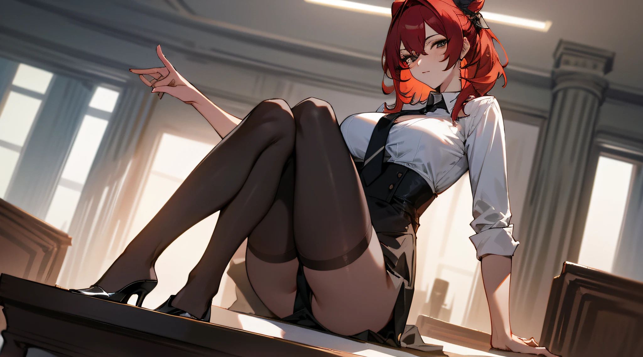 1girll，sitting the desk，Slender legs，black lence stockings，High heels hang down from your toes，Facing the audience，HighestQuali, highly  detailed ，Large breasts， Top knot， Medium hair， Crowded breasts，, , Kneel, raunchy,masterwork, HighestQuali, highly  detailed、white  shirt、black necktie、red hair，with his back to the viewer，Hips facing the viewer，big assa