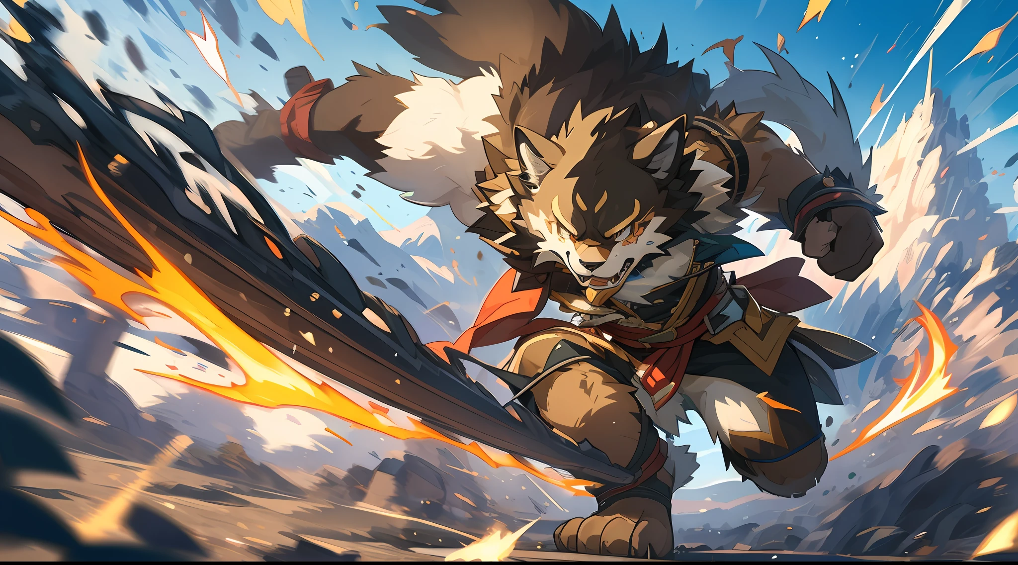 top quality, high-quality illustrations((masterpiece))depth of field, motion blur, absurdres, Perfect Anatomy, magnificent picture of kemono fighting fierce battles, kemono, Anthro((dramatic))epic, weapon, Acrobat, One scene of movie,