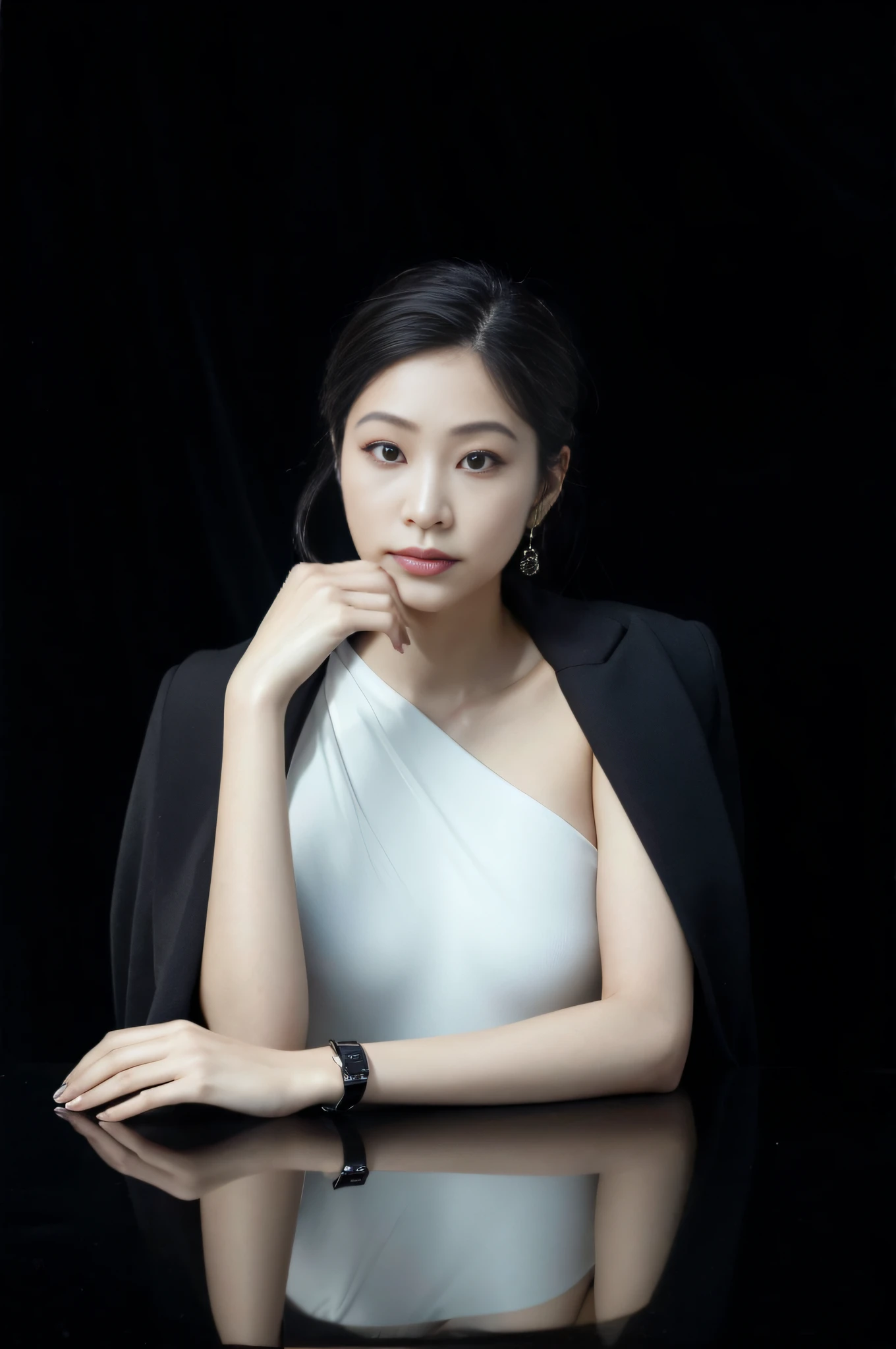 Arad woman posing for photo in white dress and black jacket, ji-min, Lee Ji-eun, lee ji eun, bae suzy, jaeyeon nam, female actress from korea, gongbi, gemma chan girl portrait, shaxi, Choi Hyun-hwa, park jimin, jiyun chae, gemma chan beautiful girl