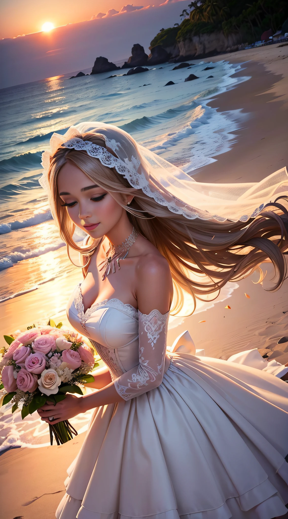 "Um casamento de conto de fadas com a Barby: um vestido de noiva deslumbrante (vestido de casamento:1.2), cabelo loiro longo (loira de cabelos longos), flawless makeup, rosto perfeito, corpo perfeito,local dos sonhos (Paradisiacal beach), stunning sunset (amazing sunset), romantic decoration (romantic decoration:1.1), bouquet of fresh flowers, felicidade pura (felicidade:1.2), todos os amigos e familiares reunidos (gathering of friends and family), amor verdadeiro. " --auto