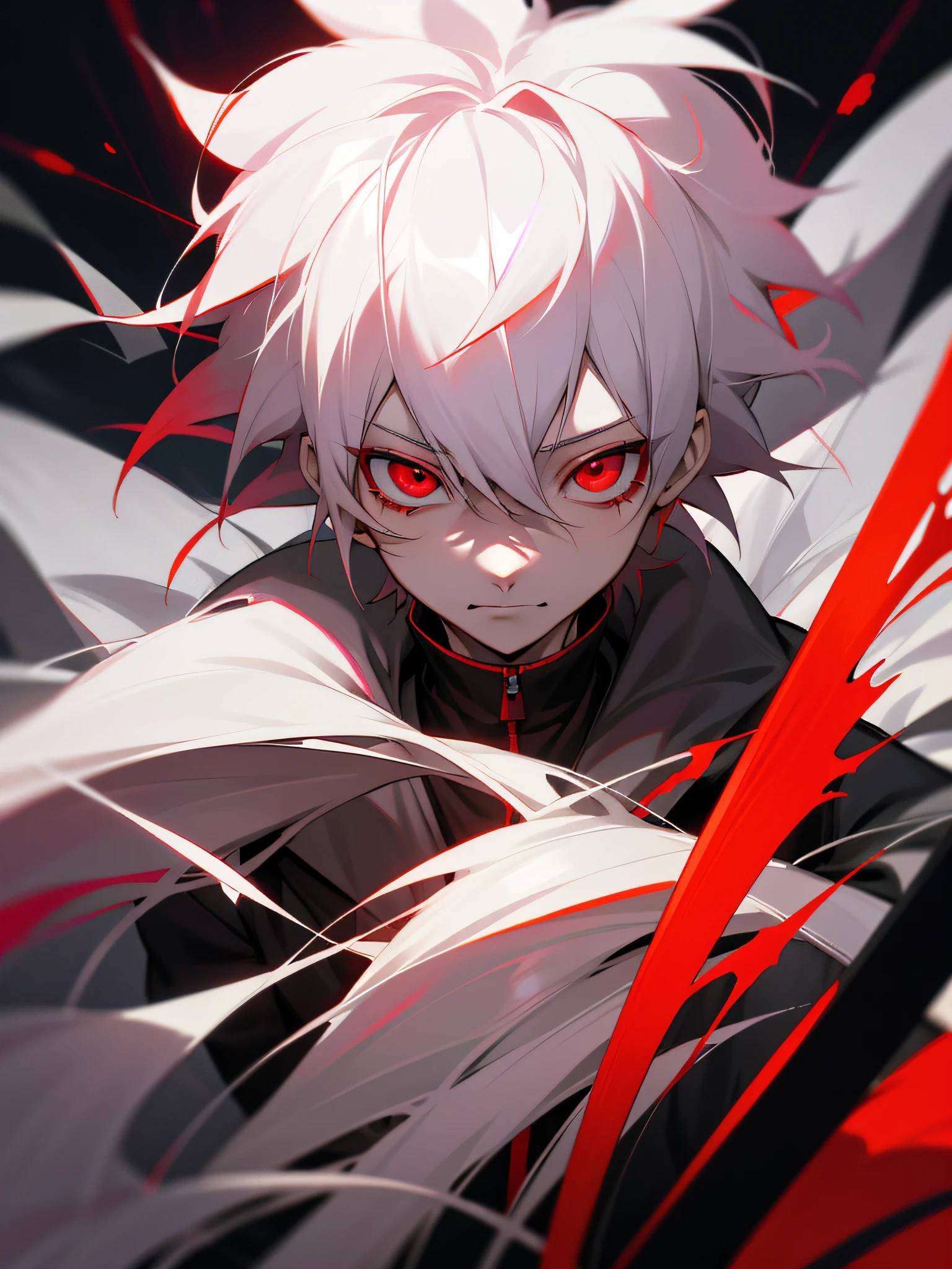 anime boy with white hair and red eyes in the dark, Nagito Komaeda, with bright red eyes, with bright red eyes, kaneki ken, with bright eyes, Ken Kaneki, Kaworu Nagisa, Gapmoe Yandere Grimdark, Gapmoe Yander, his eyes are bleeding intensely, with red eyes, his eyes are red and bright