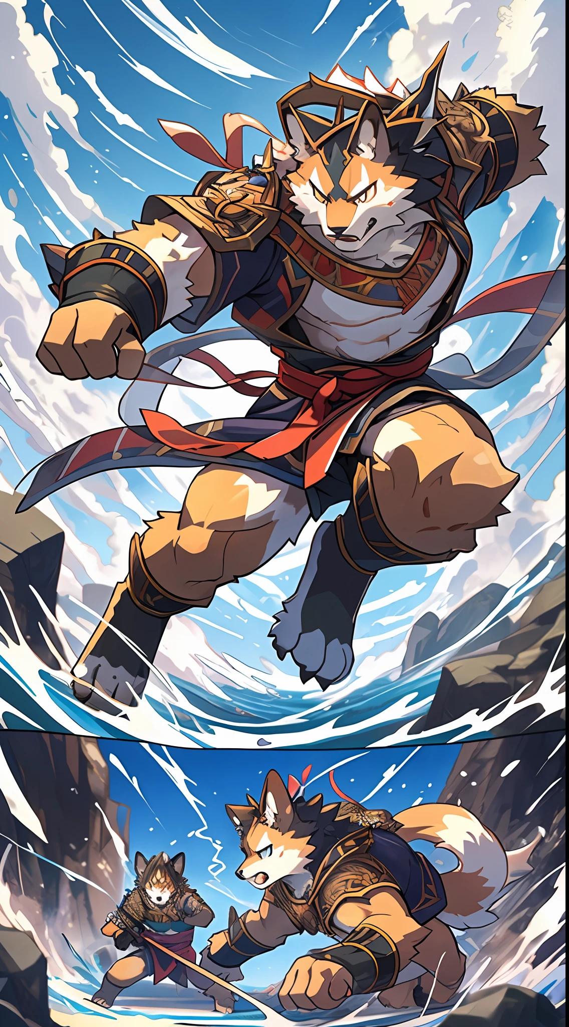 top quality, high-quality illustrations((masterpiece))depth of field, motion blur, absurdres, Perfect Anatomy, magnificent picture of kemono fighting fierce battles, kemono, Anthro((dramatic))epic, weapon, Acrobat, One scene of movie,
