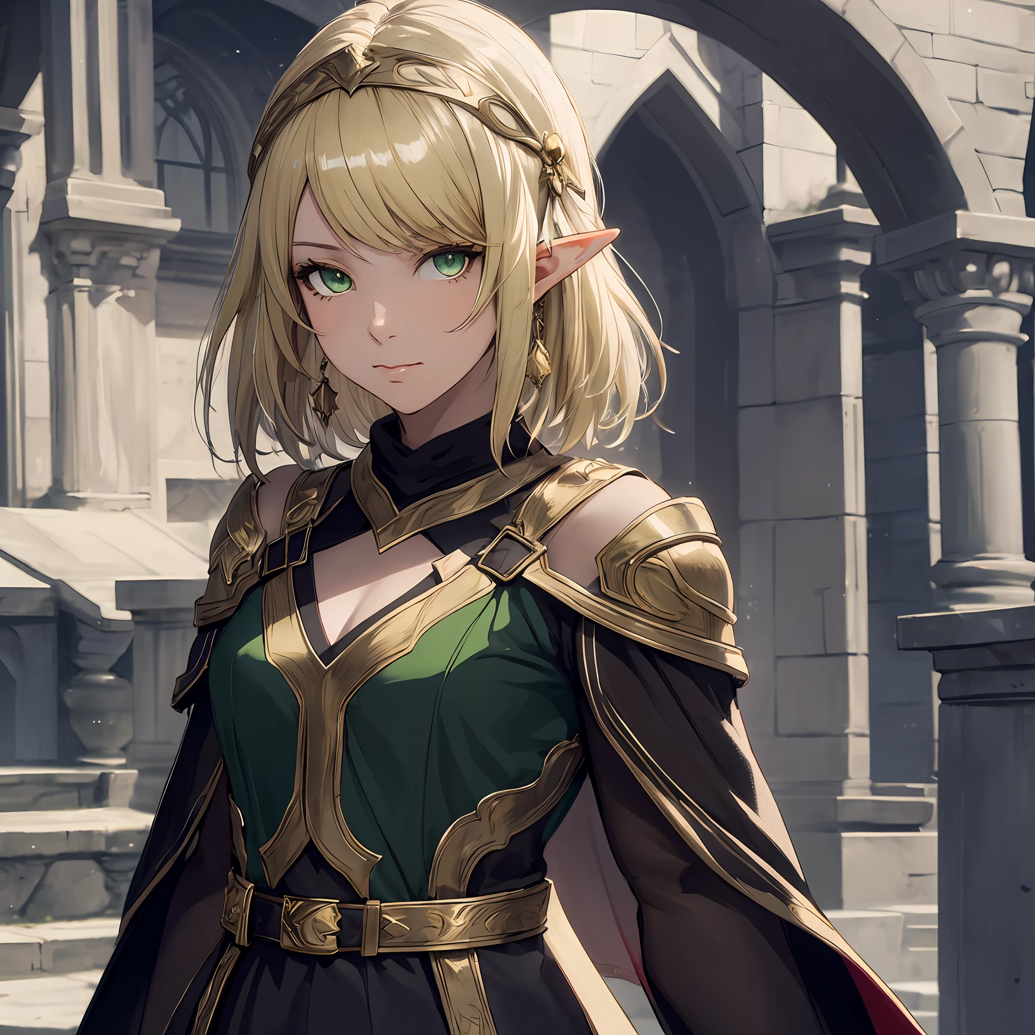 masterpiece, best quality, 1woman, adult, female focus, solo, blonde hair, medium hair, vibrant green eyes, looking at viewer, closed mouth, Fantasy aesthetics, Highly detailed, shadowverse style, Elf Attire, Elf outfit, elf ear