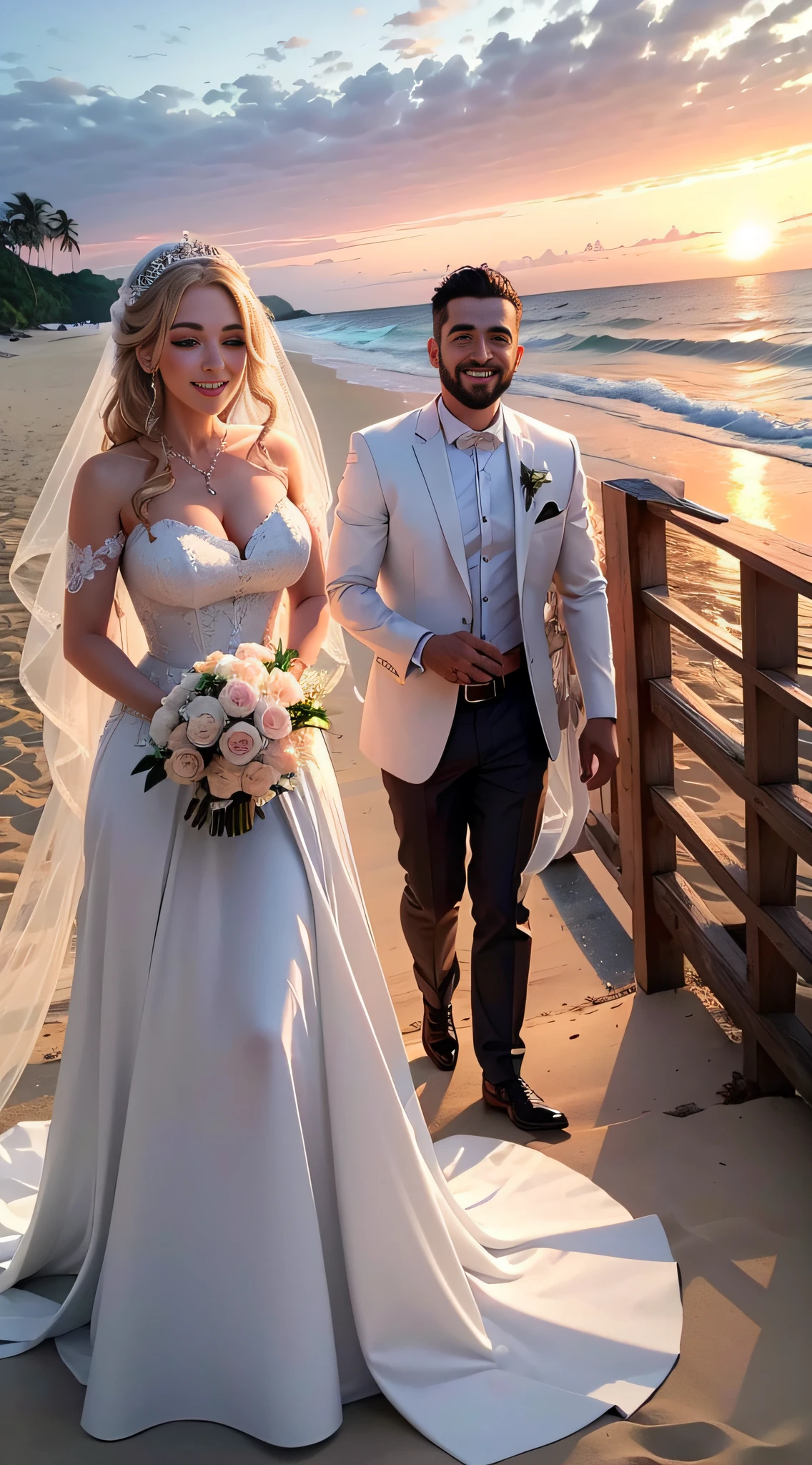 "Um casamento de conto de fadas com a Barby: um vestido de noiva deslumbrante (vestido de casamento:1.2), cabelo loiro longo (loira de cabelos longos), flawless makeup, rosto perfeito, corpo perfeito,local dos sonhos (Paradisiacal beach), stunning sunset (amazing sunset), romantic decoration (romantic decoration:1.1), bouquet of fresh flowers, felicidade pura (felicidade:1.2), todos os amigos e familiares reunidos (gathering of friends and family), amor verdadeiro. " --auto