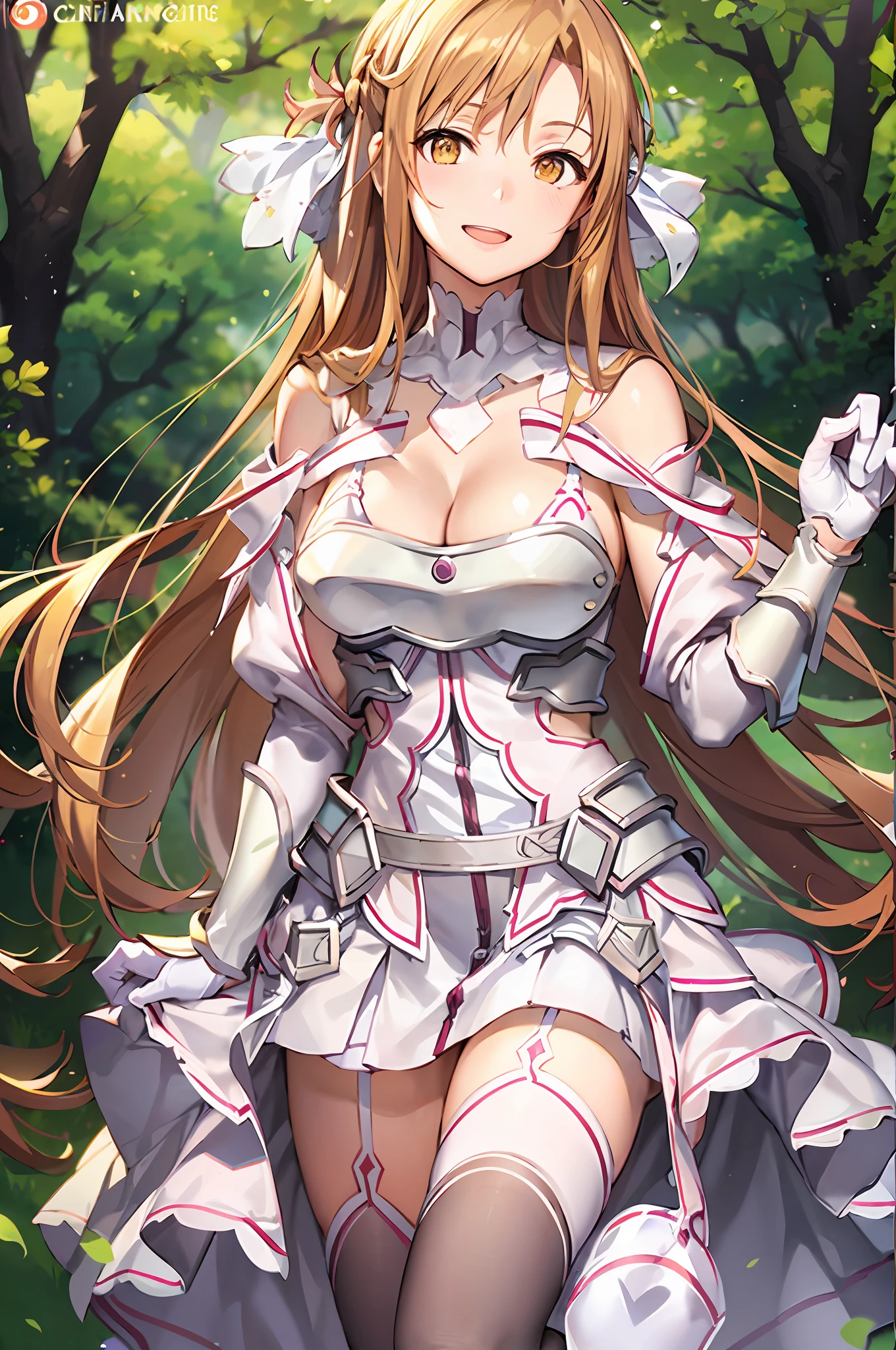 stacia, asuna, asuna_\(sao\), 1girl, (sexy pose:1.2), fantasy, highres, original, realistic, expressive eyes, (excite), scenery, close_up, upper_body, (standing on a grass), smiling, solo, long hair, , looking at viewer, smile, open mouth, bangs ,detailed eyes, beautiful background, (on the forrest), hands on the chest, orange hair, thighhighs, gloves, dress, (cleavage:1.4), medium breasts, bare shoulders, brown eyes, very long hair, (full body:1.5), white gloves, white dress, (open chest:1.5), armor, white thighhighs, garter straps, breeze, white armor, abec