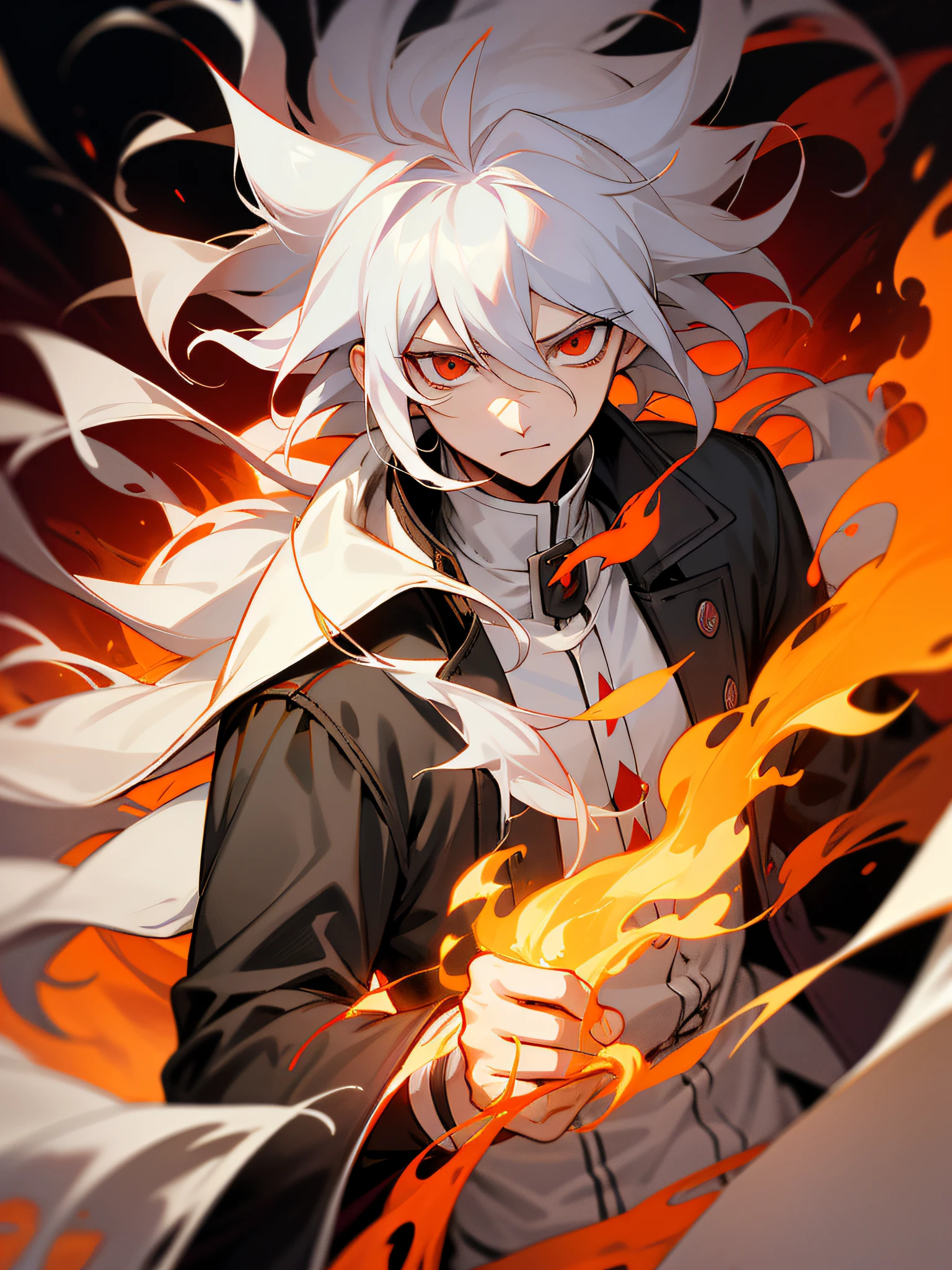 a white-haired, red-eyed man with a head of fire and a black jacket, engulfed in turbulent flames, fire behind him, detailed digital anime art, Nagito Komaeda, engulfed by flames, holy flame spell, handsome guy in demon slayer art, flaming hair, by Yang J, flaming wreath, completely composed of fire, hair made of fire, epic anime artwork
