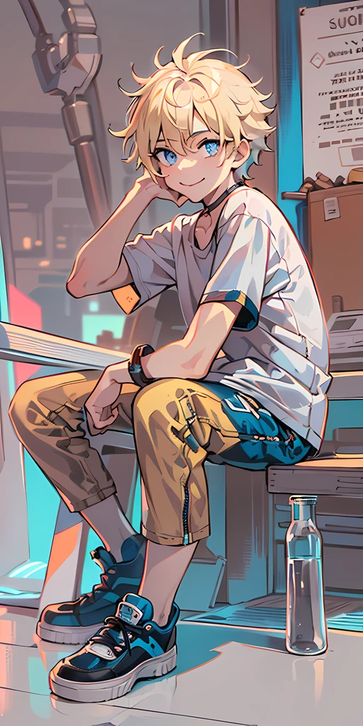 (best quality, masterpiece), {good eyes:1.2}, (detailed pupil:1.15), (perfect eye:1.2), (1boy), (seen from back), (distant view), {short curly blonde hair: 1.3}, (blonde haired boy), smiling, (brown skin), (nice face), (nice nose), (perfect mouth), (blue eyes:1.2), (futuristic), (sitting on a nearwalk near a building), (black T-shirt), (red bermuda shorts), blue lights, (good illumation:1.4), (pastel tones), high-definition, detail representation, complex details, 4k anime style, (detailed), {maximum resolution}, (high quality:1.25), (perfect face:1.3), (detailed face:1.2), (ultra detailed:1.25), Detailed digital art of anime, digital art anime, 8k, (good hands), (good arms), perfect body.