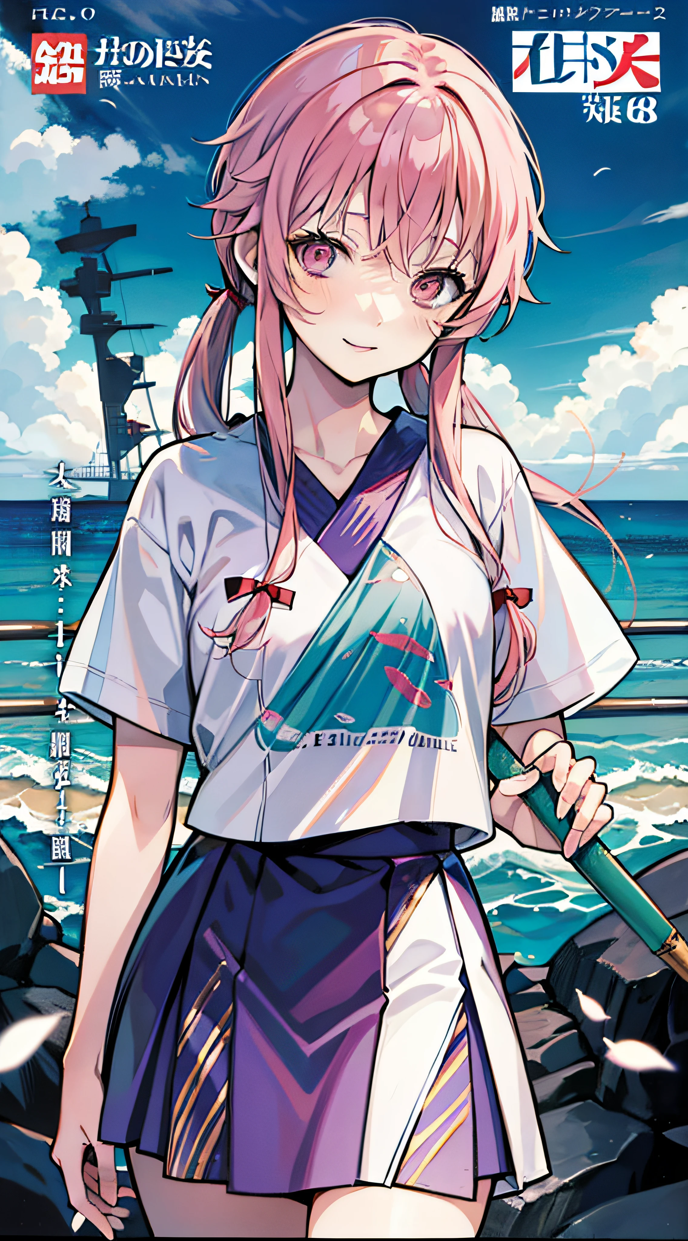 Kasai Yuno,校服，White shirt，Late on hand，Sick expression，ssmile，Ocean park，With a hint of life，Ocean park，Comic cover style，Comic cover title,8K