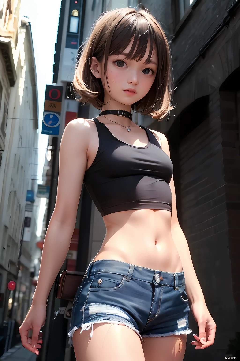 (Self-timer: 1.3), ((Best quality, 8K, Masterpiece: 1.3)), Focus: 1.2, Perfect Body Beauty: 1.4, Buttocks: 1.2, (Layered cut: 1.2)), (Dark Street: 1.3), (Highly detailed face and skin texture: 1.3), Full body, Fine eyes, Double eyelids, Whitened skin, (Brown curls, short hair: 1.2), (Casual black skirt: 1.6), showing toes
