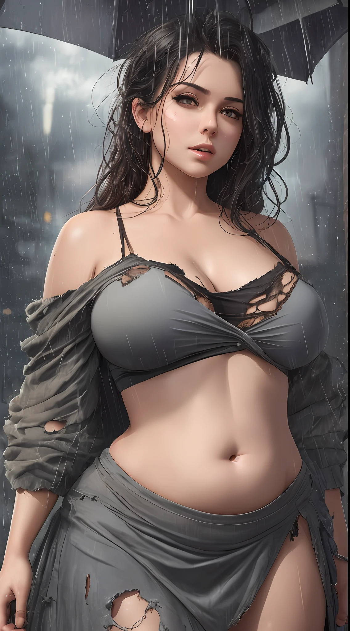 In a dirty marketplace stands a young dirty woman. Gigantic breasts, voluptuous, chubby, A storm is approaching in the sky. (It's raining heavily). ((She wears dirty, worn, torn clothes)), belly-bare, off-the-shoulder, ((brown top)), ((gray long wrap skirt)), look)). (Masterpiece:1.2) (photorealistic:1.2) (Bokeh) (best quality) (intricate details) (8K) (High Poly) (Raytracing), (Sharp Focus), Belly button, groin, Inguinal tendon, (little light), Dark, in the shade, (dirty sexy), (dirty clothes), (disheveled wild black hair), Night Falls, voluptuous breasts --auto --s2