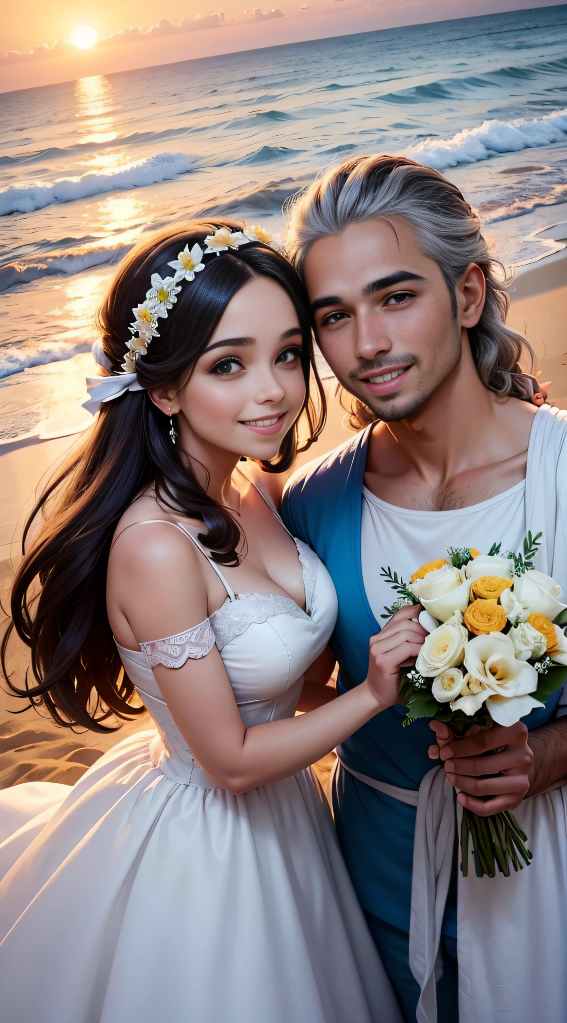 "Um casamento de conto de fadas com a Barby: um vestido de noiva deslumbrante (vestido de casamento:1.2), cabelo loiro longo (loira de cabelos longos), flawless makeup, local dos sonhos (Paradisiacal beach), stunning sunset (amazing sunset), romantic decoration (romantic decoration:1.1), bouquet of fresh flowers, felicidade pura (felicidade:1.2), todos os amigos e familiares reunidos (gathering of friends and family), amor verdadeiro. " --auto