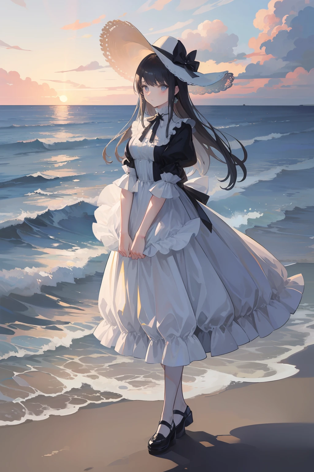 ((Masterpiece Highest Quality:1.2)), Beautiful Victorian woman standing on the pier. Looking at the sea wistfully. a wide-brimmed hat. Low clouds, Sunset. High dynamic range.