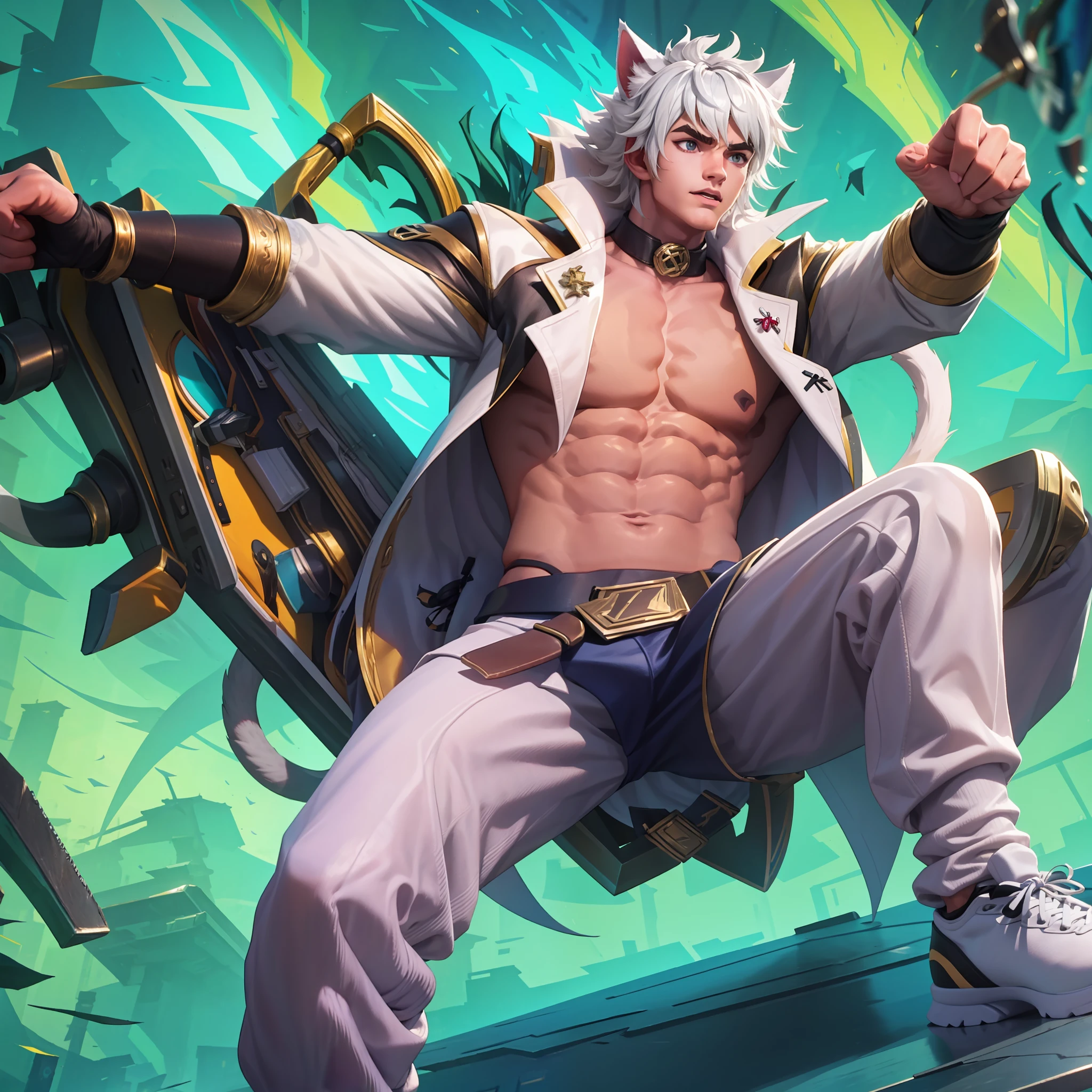 Wear white socks,musculous,Muscle display,cat ear,whaite hair,18yr old,realisticlying