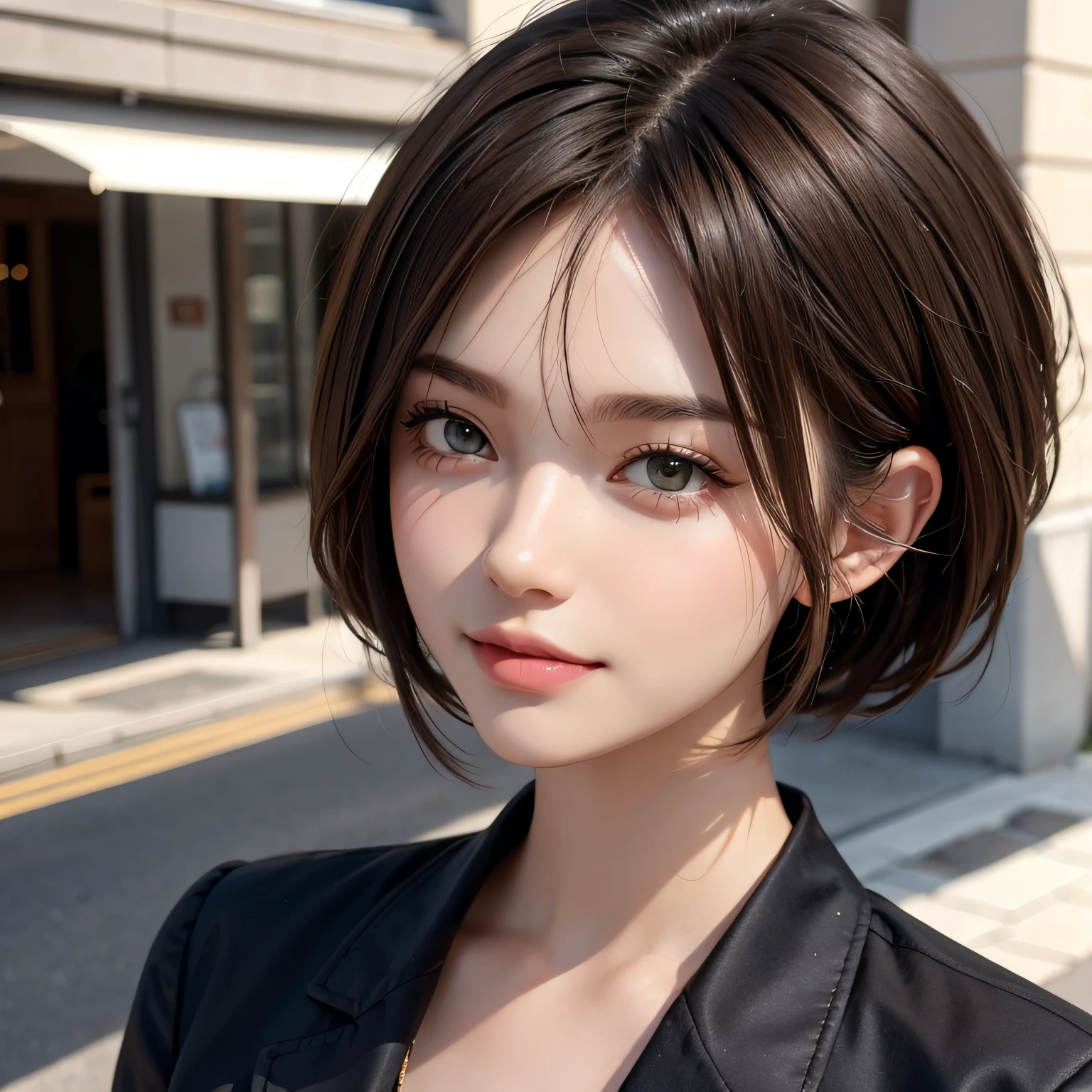 Kizi，brunette color hair，short detailed hair，ssmile