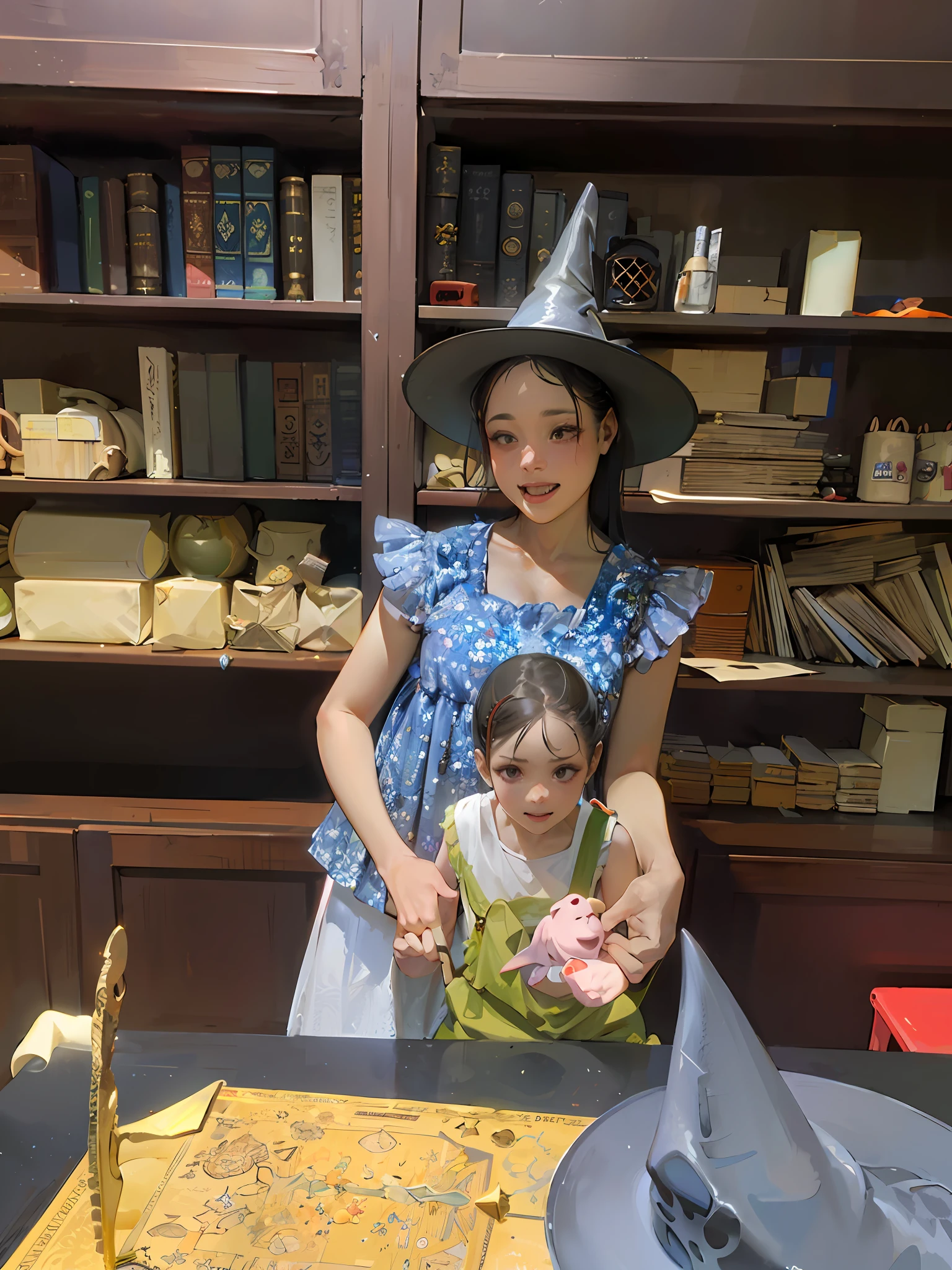 There was a woman and a child standing in front of the cake, she is in the potions workshop, casting a spell on a potion, in a potion shoppe, Wearing a witch hat, magic laboratory setting, dressed as a wizard, with magical creatures, wearing a wizard hat, wizards laboratory, standing inside a magic library, Cast magic