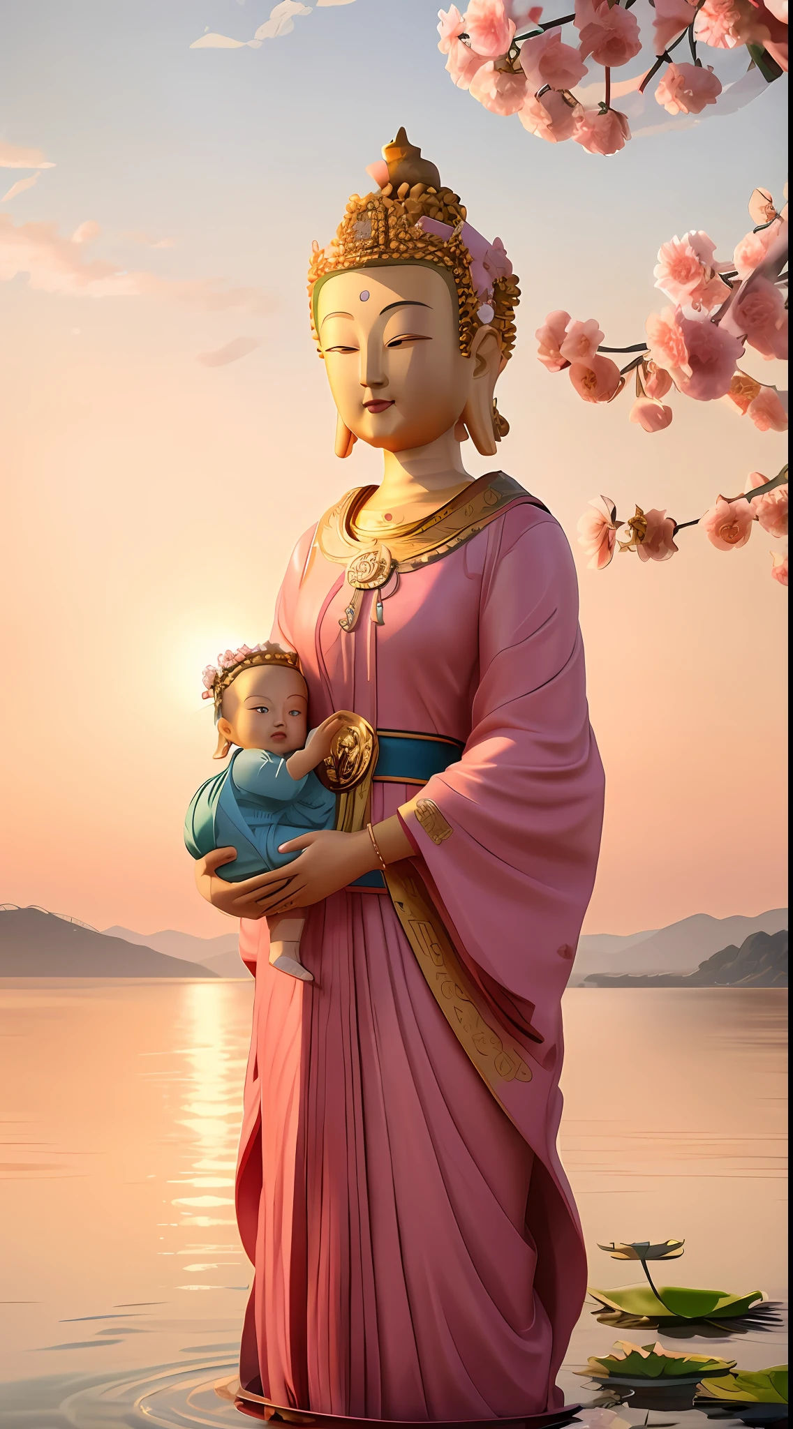 There is a statue of a woman,holding a baby in her arms, Beautiful rendering of the Tang Dynasty, guanyin of the southern seas, Guanyin, queen of the sea mu yanling, 3 d goddess portrait, Princesa chinesa antiga, an ancient Chinese goddess, author:Alexander Kucharisky, lovely digital painting, contented female bodhisattva, ancient chinese beauti
