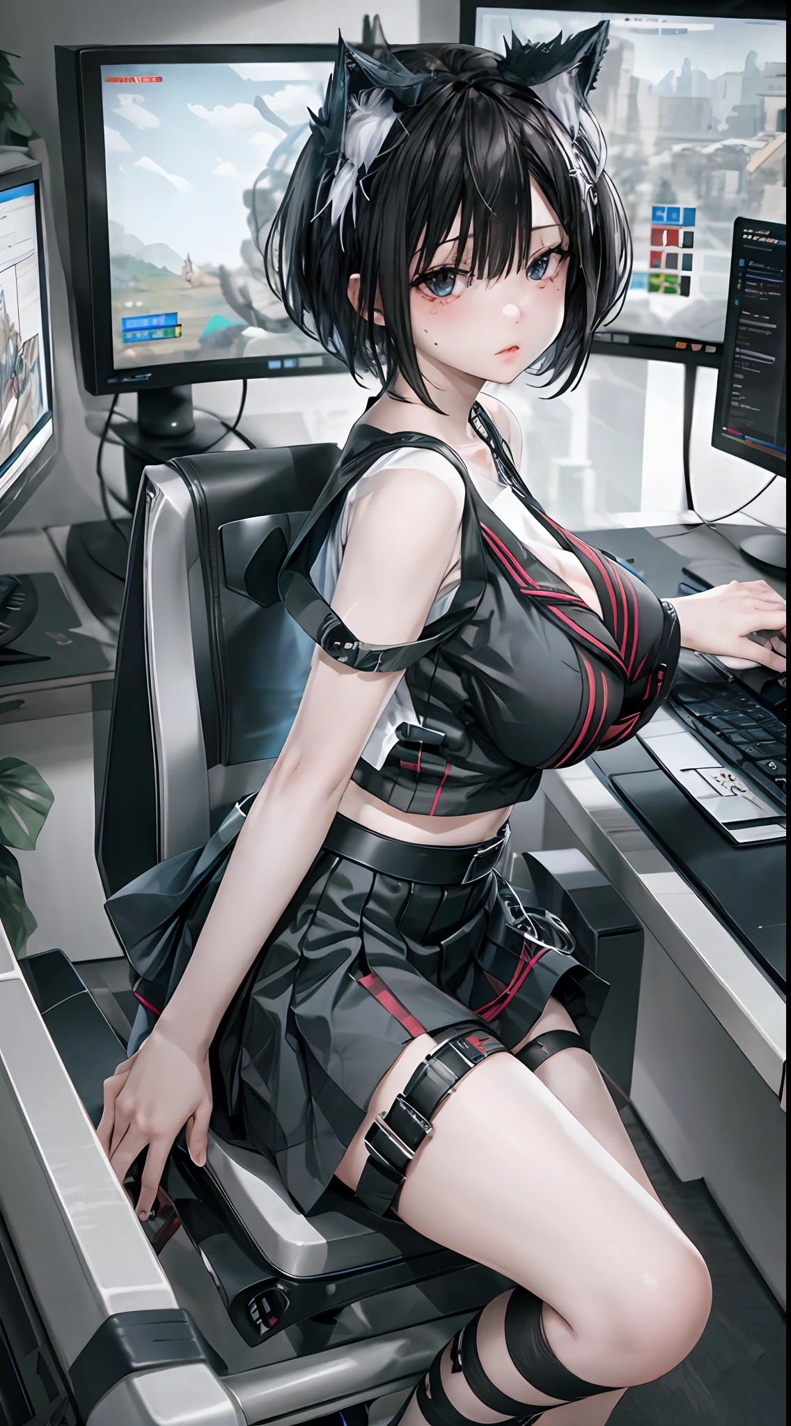 1 beautiful tomboy girl with big breast and Ted gray short hair, black tank top, black short stocking, black short skirt,sitting on a gaming chair, background on gaming room, computer and 3 monitor, without light form lamp, looking to viewer,