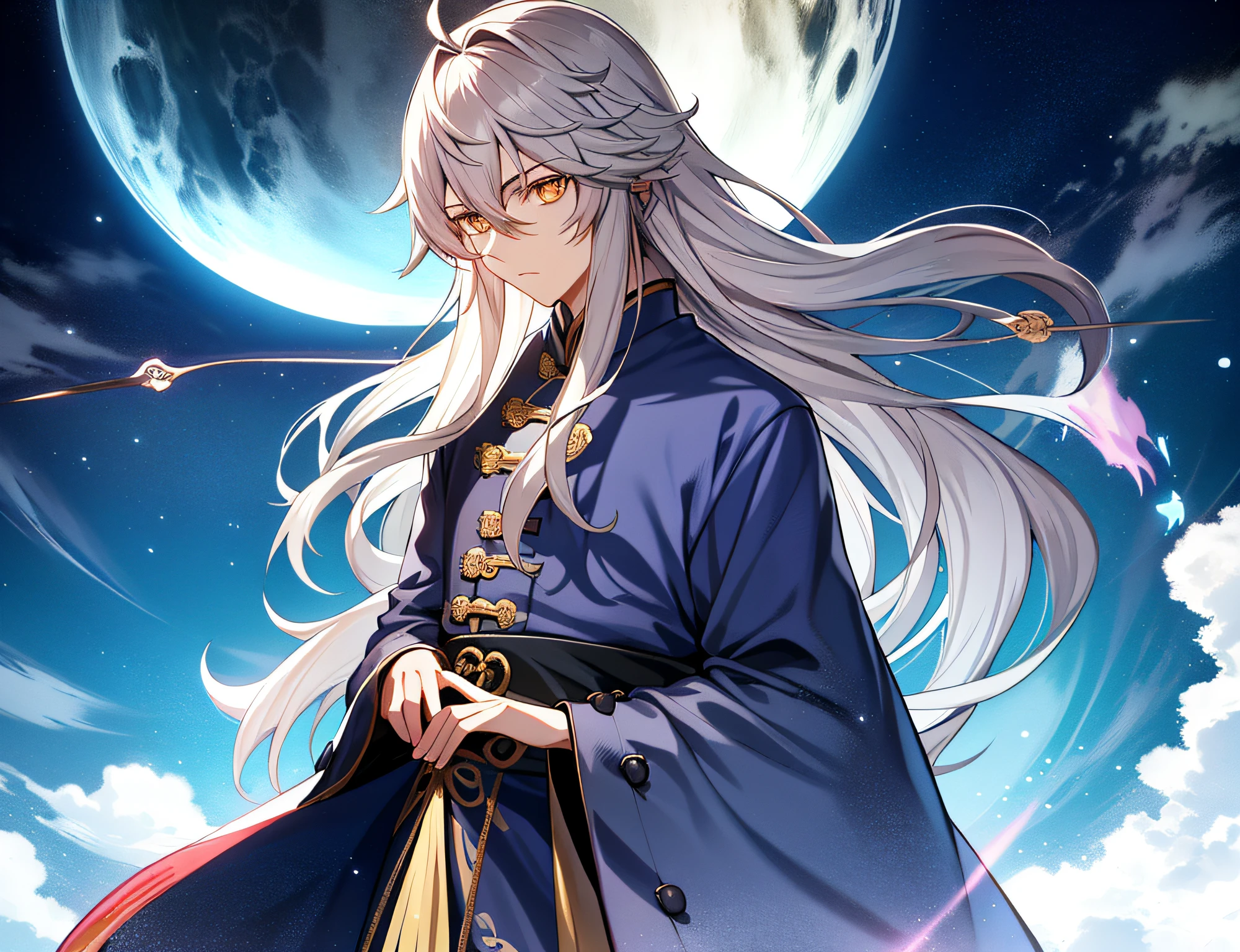 (tmasterpiece),(Most Best Illustration),(1boys),(1 juvenile),,Ring lighting,edge lit,(Very detailed CG unity 8k wallpaper),(tmasterpiece),(best qualtiy),(Hanfu style),(ultra - detailed),(Most Best Illustration),(best shadow),perfect litthing,perfect anatomia,vivd colour,period costume,Sea of clouds background,misterious,Gentle,Gaze at the screen,long whitr hair,brunette color hair,Chinese Ancient Architecture,Super handsome