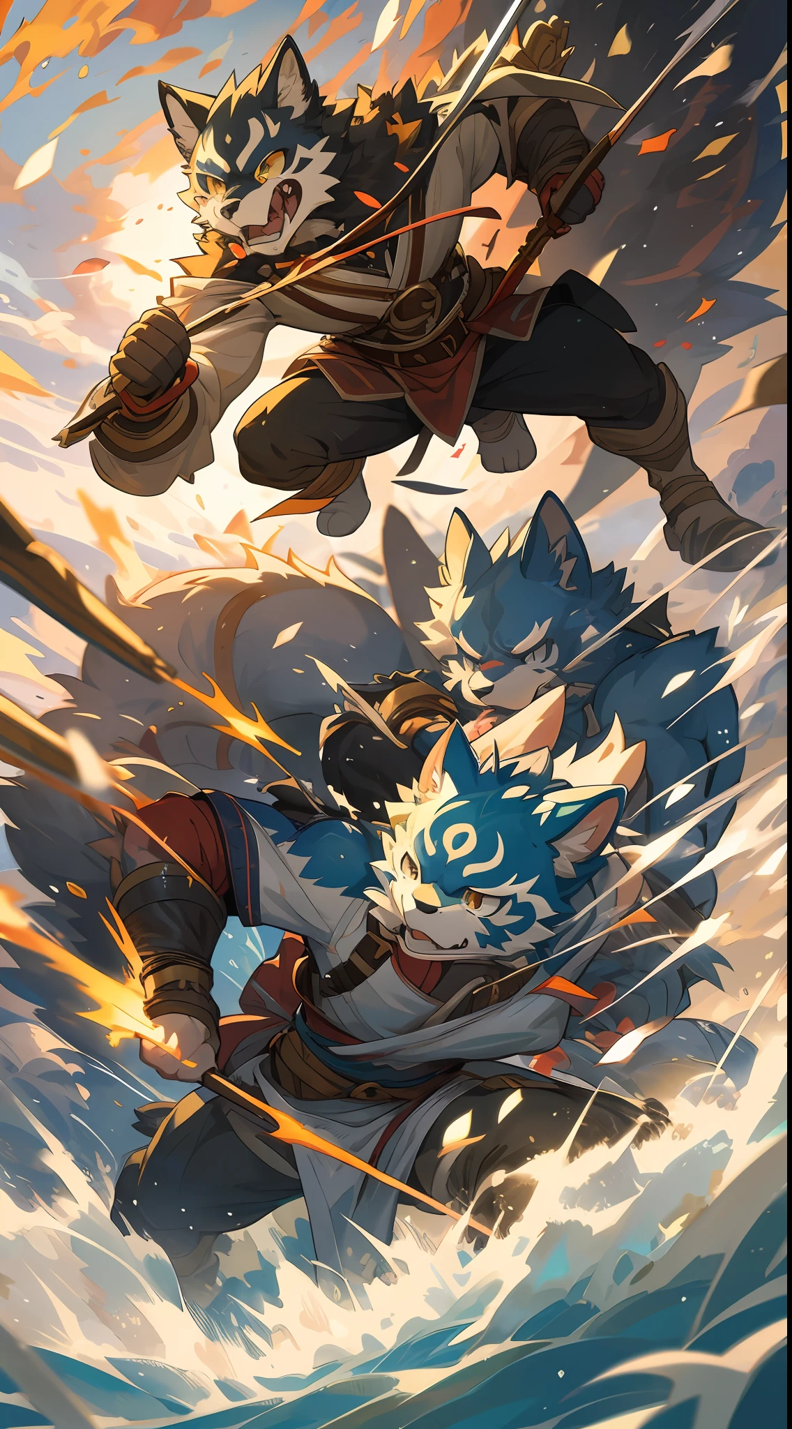 top quality, high-quality illustrations((masterpiece))depth of field, motion blur, absurdres, Perfect Anatomy, magnificent picture of kemono fighting fierce battles, kemono, Anthro((dramatic))epic, weapon, Acrobat, One scene of movie,
