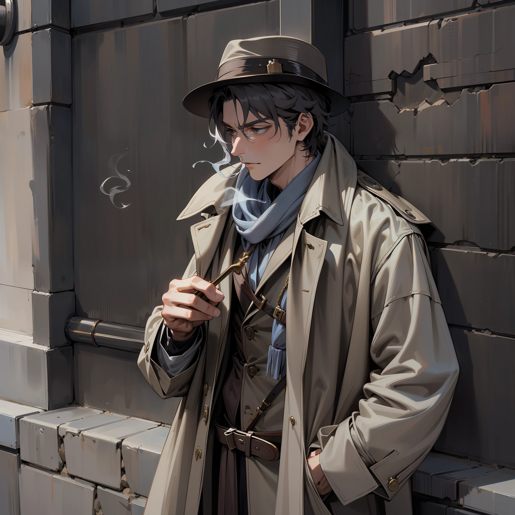 European Middle Ages,of a guy,It's a detective,he's wearing a hat,wearing a trenchcoat,With his head bowed,Leaning against the wall,Smoke with a pipe。Half-body close-up,Close-up of people,Street view