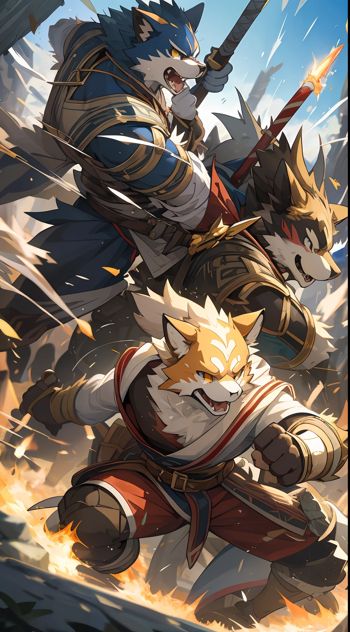 top quality, high-quality illustrations((masterpiece))depth of field, motion blur, absurdres, Perfect Anatomy, magnificent picture of kemono fighting fierce battles, kemono, Anthro((dramatic))epic, weapon, Acrobat, One scene of movie,