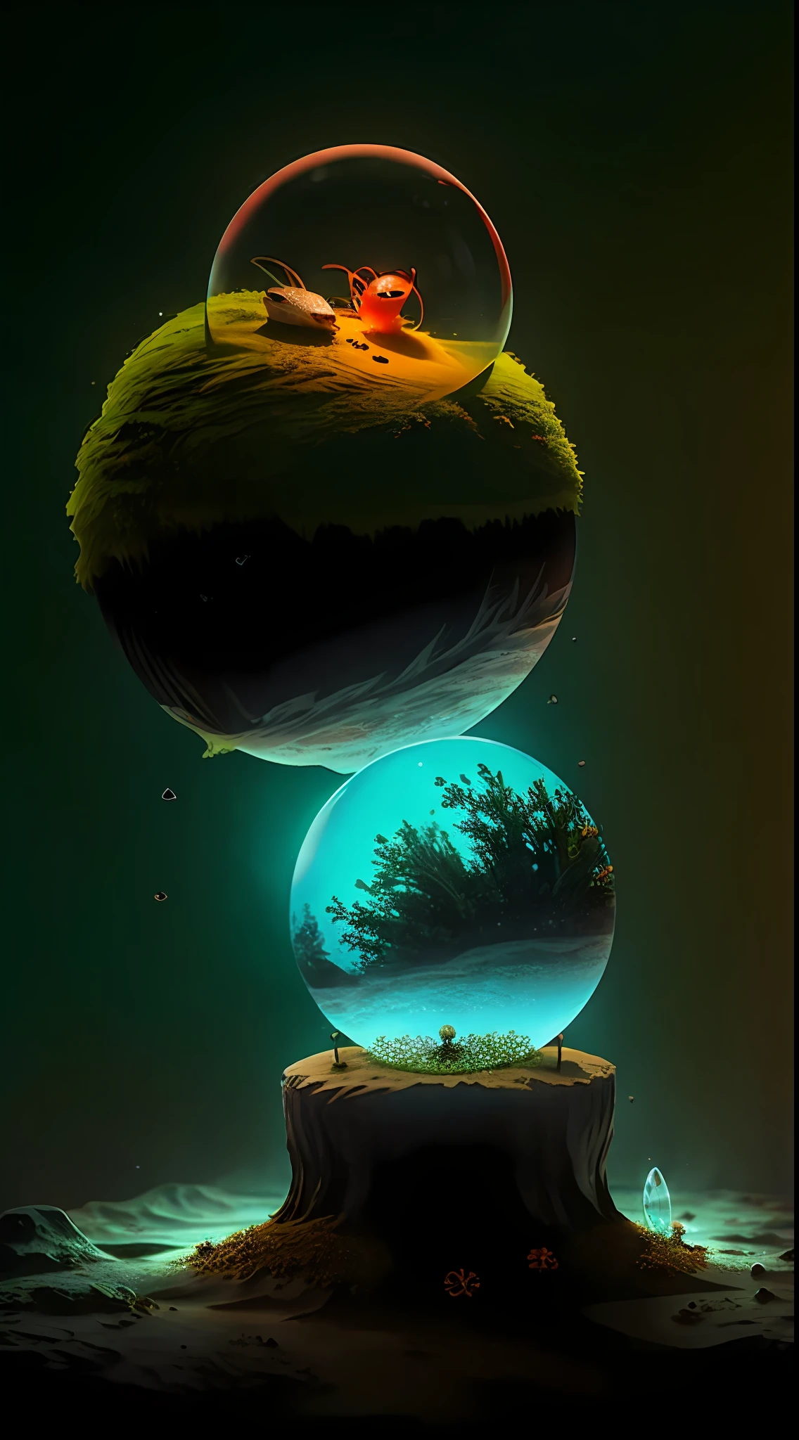 Cute anthill with moss and cute glowing ants sitting on it,Made of sand,Blue Higan flowers bloom,Transparent fog,The hemispherical shape looks down from the sky,fanciful,Artistically,ultraclear,hyper-detailing,8K