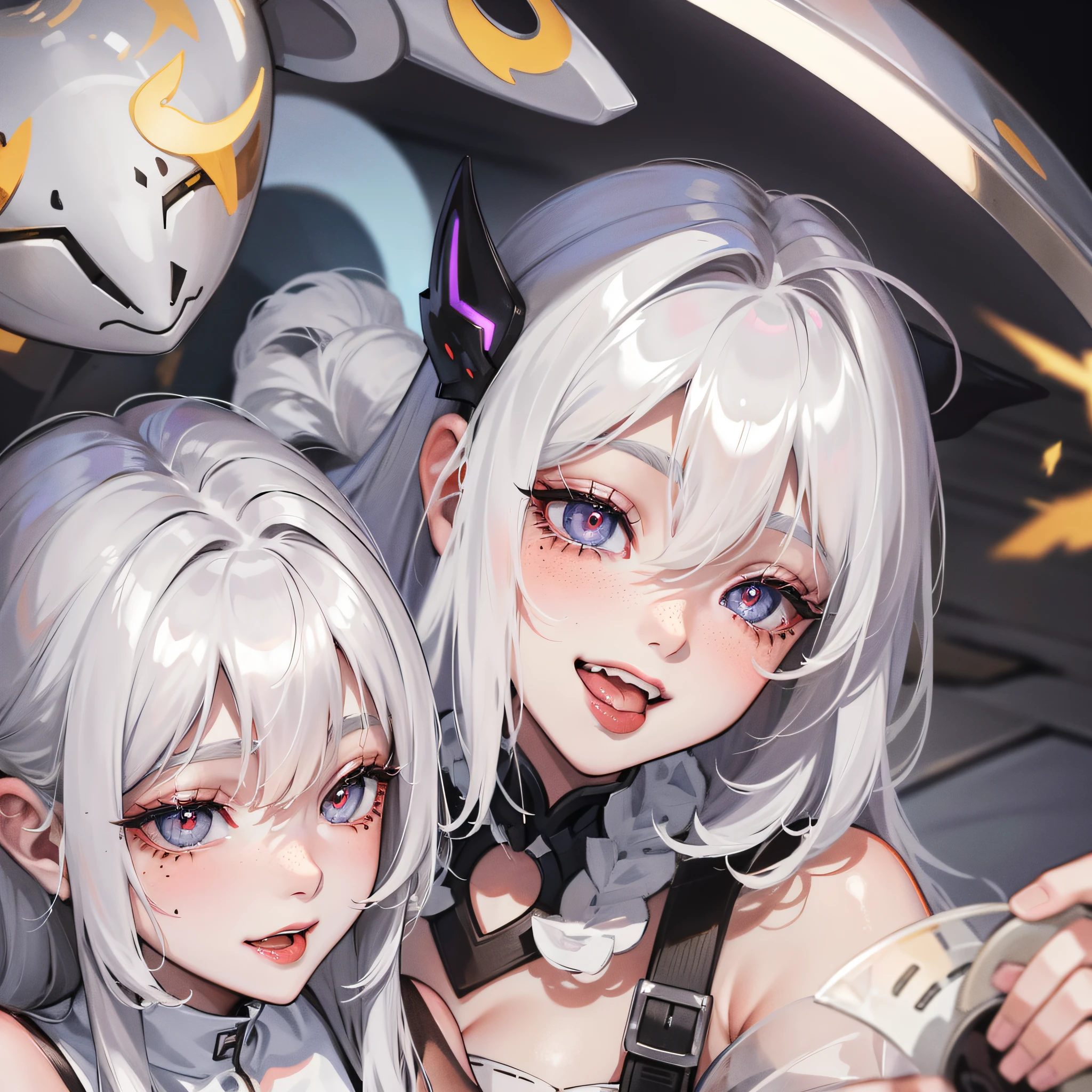 white hair, halo, mask, mole under eye, mismatched pupils, fox ears, open mouth, smile, pout, light smile, grin, evil smile, blush, tongue