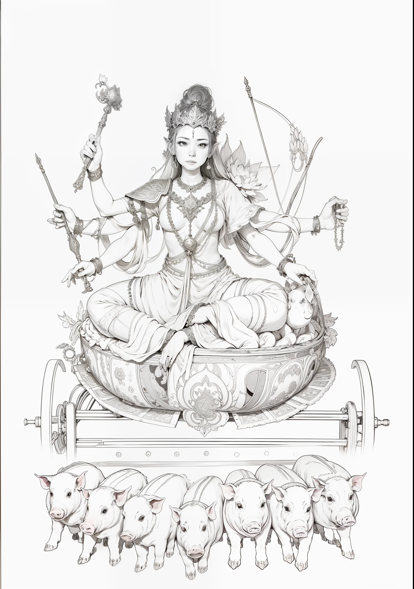 The beauty sits on a lotus,There are also two faces on either side of the head,Each of the eight arms holds a magic weapon,There are seven piglets pulling carts in front,The background has a round light,Clear and clean sky,