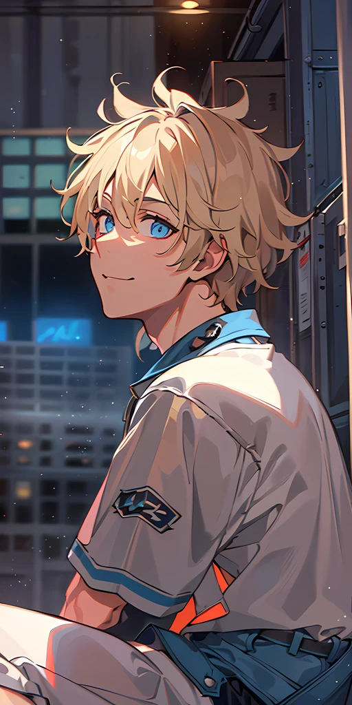 (best quality, masterpiece), {good eyes:1.2}, (detailed pupil:1.15), (perfect eye:1.2), (1boy), (seen from back), (distant view), {short curly blonde hair: 1.3}, (blonde haired boy), smiling, (brown skin), (nice face), (nice nose), (perfect mouth), (blue eyes:1.2), (futuristic), (sitting on a nearwalk near a building), (black T-shirt), (red bermuda shorts), blue lights, (good illumation:1.4), (pastel tones), high-definition, detail representation, complex details, 4k anime style, (detailed), {maximum resolution}, (high quality:1.25), (perfect face:1.3), (detailed face:1.2), (ultra detailed:1.25), Detailed digital art of anime, digital art anime, 8k, (good hands), (good arms), perfect body.