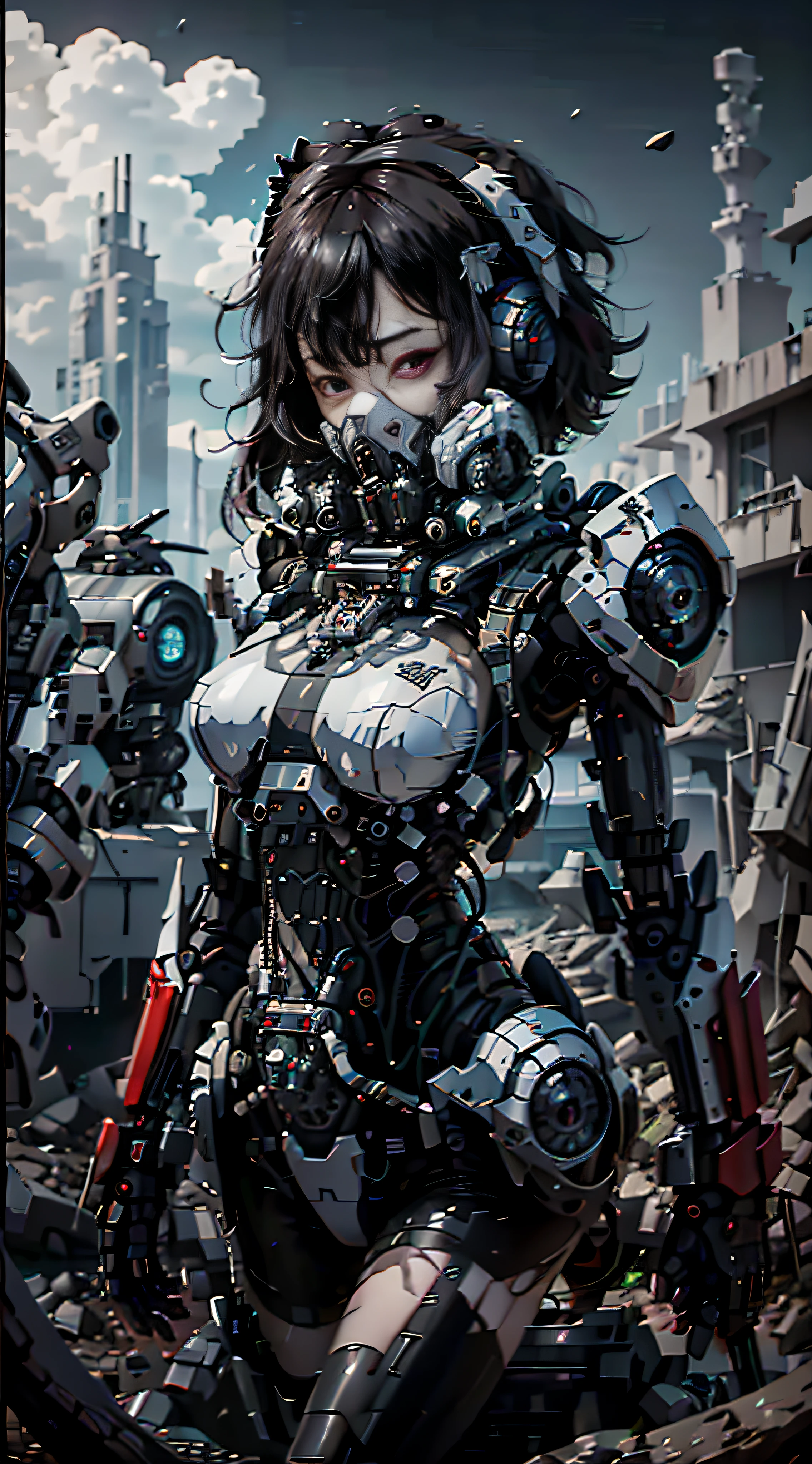This is a CG Unity 8k wallpaper with ultra-detailed, high-resolution and top quality in cyberpunk style, dominated by black and red. In the picture, a white messy woman with short hair, a delicate face, wearing a steam mech, standing on the ruins, behind a ruin, a woman holding a heavy sniper rifle.