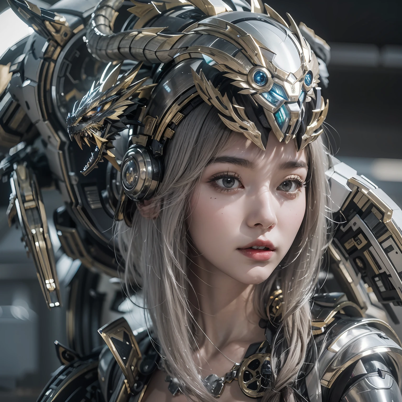 1girll,Big eyes,Perfect facial features,With a mecha helmet,mechs,Photorealsitic,Metallic,sitting on a stool,eyes looking at the lens,Lips slightly open,There is a mecha dragon behind him,Dragon,best qualtiy,c4d渲染,rendering by octane,Cinematic quality,tmasterpiece,16k