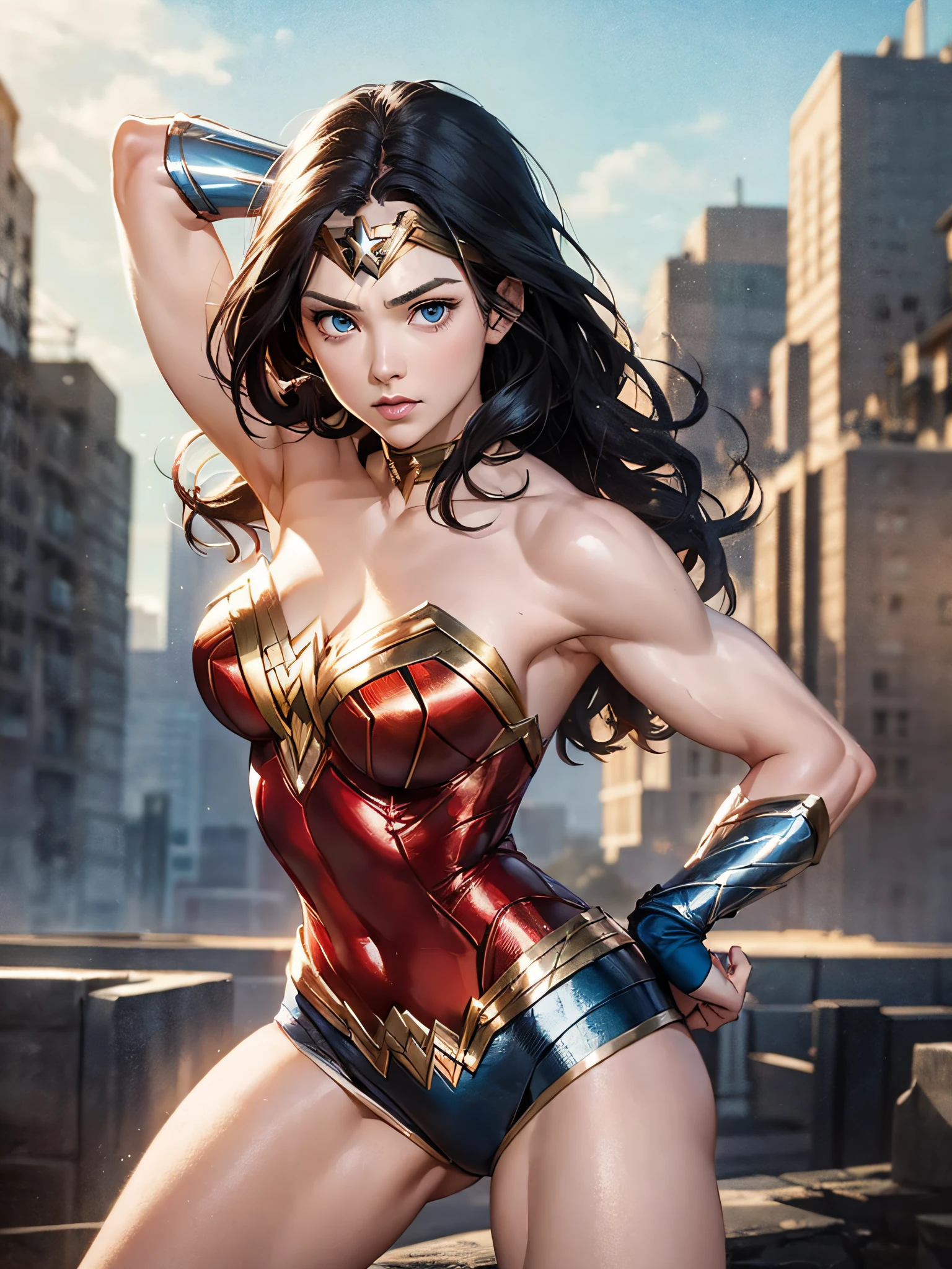 wonder woman, woman, blue eyes, muscular, toned body, superhero pose, (masterpiece, best quality:1.1), ghibli style