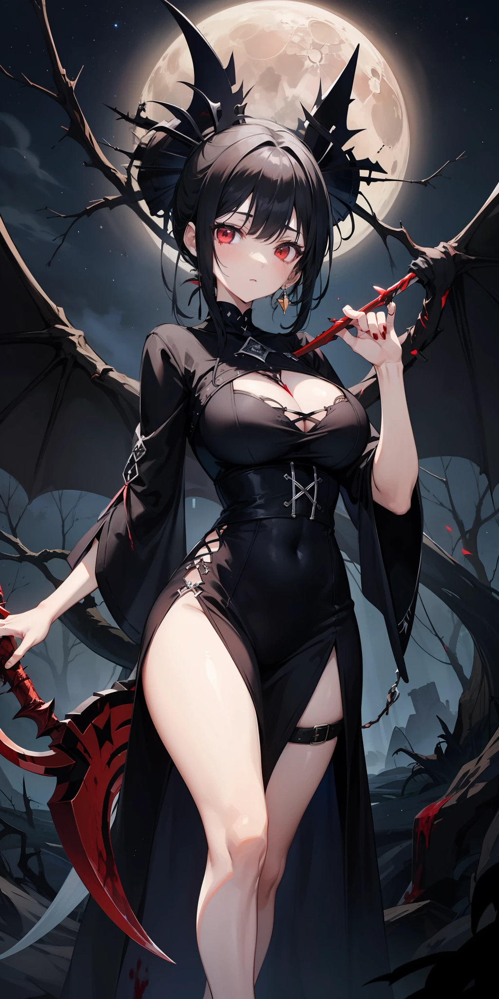 day: '"masterpiece, best quality, girl, psycho expression, goth, black hair, holding scythe, Blood, goth, red eyes, red and black gothic dress, closed goth clothes, thick legs, big thigh, illustration, Dark Souls, arms, hands, Born in blood, moon background, blackthorn, thorn, Starry sky