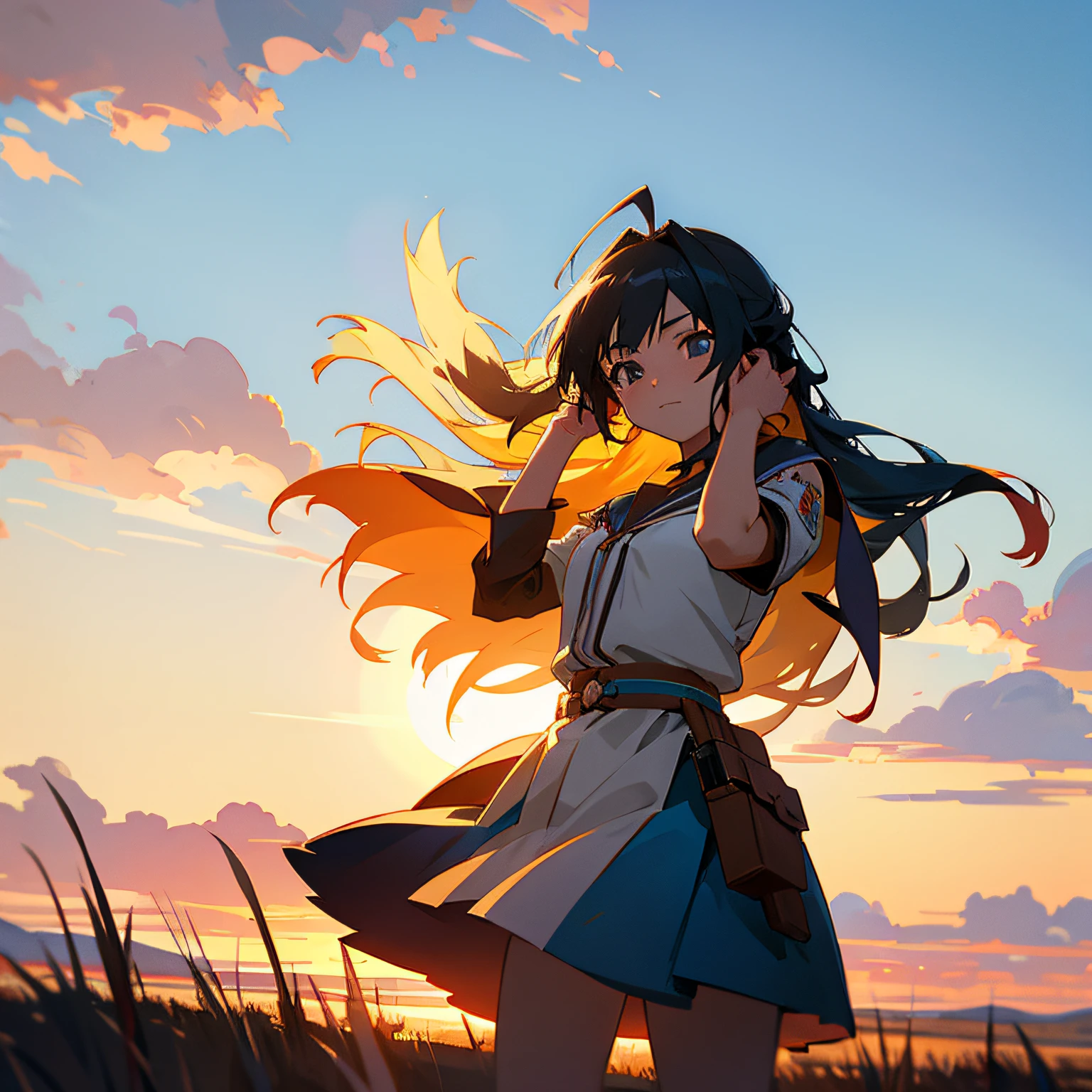A maiden on the steppe blew her hair in the breeze, and the evening sun shone on her, anime style, Verism, cowboy shot, UHD --auto