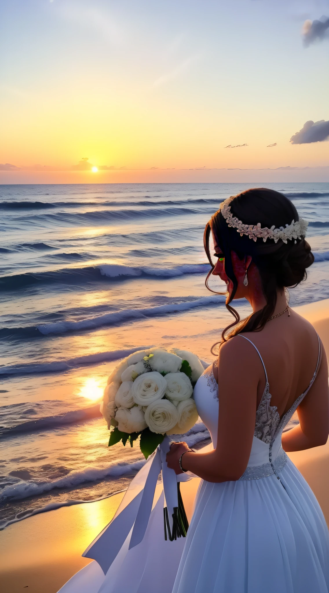 "Um casamento de conto de fadas com a Barby: um vestido de noiva deslumbrante (vestido de casamento:1.2), cabelo loiro longo (loira de cabelos longos), flawless makeup, local dos sonhos (Paradisiacal beach), stunning sunset (amazing sunset), romantic decoration (romantic decoration:1.1), bouquet of fresh flowers, felicidade pura (felicidade:1.2), todos os amigos e familiares reunidos (gathering of friends and family), amor verdadeiro. " --auto