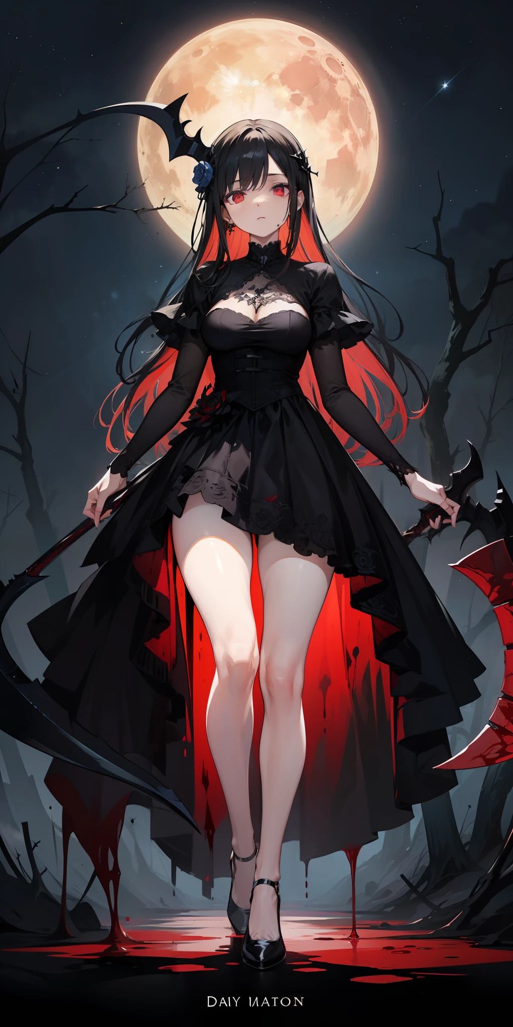 day: '"masterpiece, best quality, girl, psycho expression, goth, black hair, holding scythe, Blood, goth, red eyes, red and black gothic dress, closed goth clothes, thick legs, big thigh, illustration, Dark Souls, arms, hands, Born in blood, moon background, blackthorn, thorn, Starry sky
