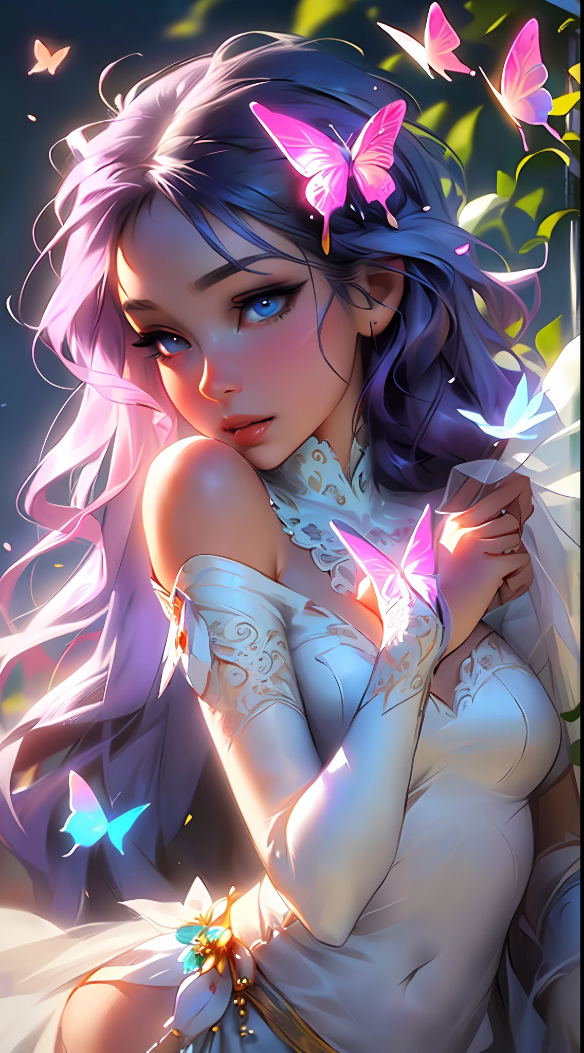 The colors in this image are soft and draw inspiration from gentle watercolors and should be (primarily pink and purple). Generate a delicate and tranquil flower maiden with soft hair dancing in the wind and intricately braided. Her sweet, gentle face has y, big lips and stunning, highly realistic eyes. She has beautiful eyes, hires eyes, 8k eyes, beautiful detail eyes, beautiful detailed eyes, realistically shaded eyes, and realistic eyes in vibrant colors. ((She is wearing a delicate wedding dress of gosssilk and satin.)) She is surrounded by ethereal flowers of varying sizes and colors. The background is wild and unruly, with delicate flowers dancing in the wind and creating a dynamic and compelling image. A flowered headdress adorns her head and soft petals fall around her. The flowers in this artwork are realistic and very detailed and come in different shapes and sizes, some with iridescence and others with varying shades of pink and blue. Include a soft watercolor sky. Include realistic hair and skin texture. Include fantasy details, enhanced details, colorful glittering wind, and pollen. ((Pay special attention to her face and make sure it is beautifully and realistically detailed.)) (((((The image should be dreamy and ethereal.))))) Include intricate fantasy details. 8k, intricate, elegant, highly detailed, majestic, digital photography, art by artgerm and ruan jia and greg rutkowski surreal painting pearl butterflyigree, flower petals, (masterpiece, finely detailed beautiful eyes: 1.2), hdr, realistic skin texture, ((ornate)), ((intricate)), ((fantasy00d:1.2)), rays of light, (add details), (((highly detailed butterflies))ranslucent butterflies, ornalowers, dew drops, sunlight, rays of sun, ((((sweet, virgin, pure)))). A soft pink haze should emphasize this artwork's dreamy etherealness.