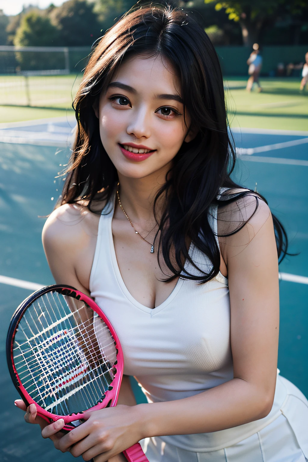 (in 8K、 Raw photography、top-quality,、hight resolution),、(hyper realisitic)、(realisitic),、Soft light、、girl with、Lifelike face、Realistic body、real looking skin、absurderes、​masterpiece、Cuties、独奏、Innocent eyes、blusher、Cinema Lights、cherry colored lips、The hair 、a closeup、looking at viewert、 Open lips,、Upper teeth,、(Smiling eyes:0.6)、eyes focus、professionally lit、CG Social Trends、Plastic En、((Black Long Hair))、((Beautuful Women))、(A smile)、Fashionable、(A sexy)、Happy -、fashion magazine、((lighting like a movie))、the woods、((tennis))、
