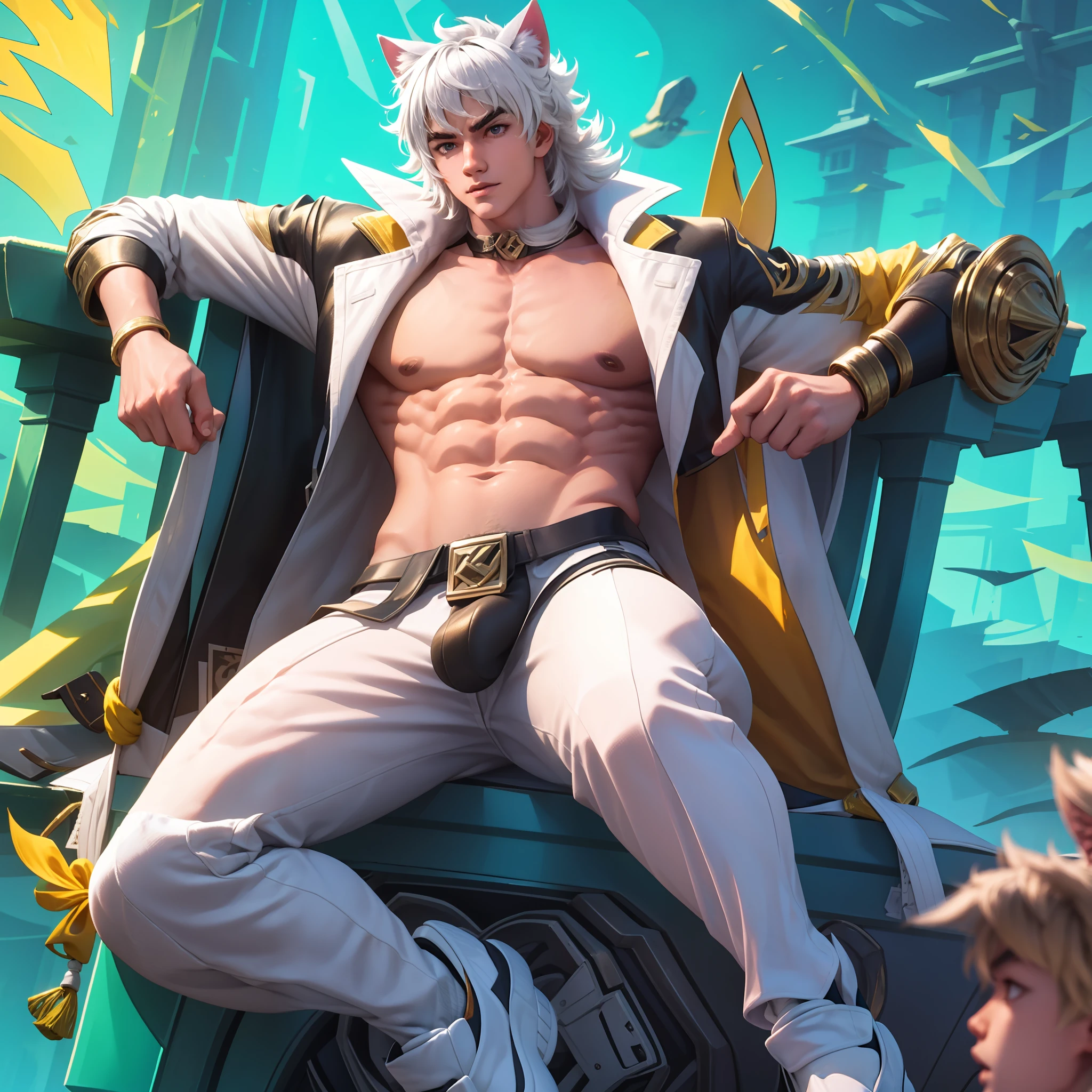 Wear white socks,musculous,Muscle display,cat ear,whaite hair,18yr old,realisticlying,fullnude,1boys,独奏,silber hair,zhangfei,tmasterpiece,Best quality,