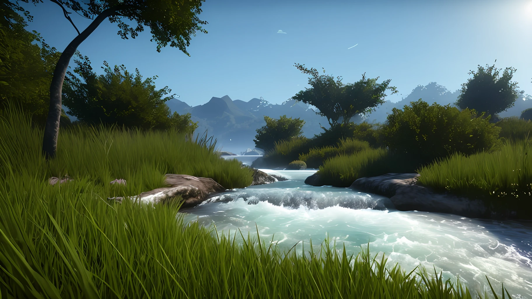 photorealistic landscapes，3d，optic，naturey，anime big breast，Ray traching，Pristine tropical，Fluorescent grass and trees，glowworm，critters，water flowing，（Semi-silhouette light：1.1），（Ray traching：1.1），（cryengine：1.1），（skin detailed：1.1）， （真实感：1.1）