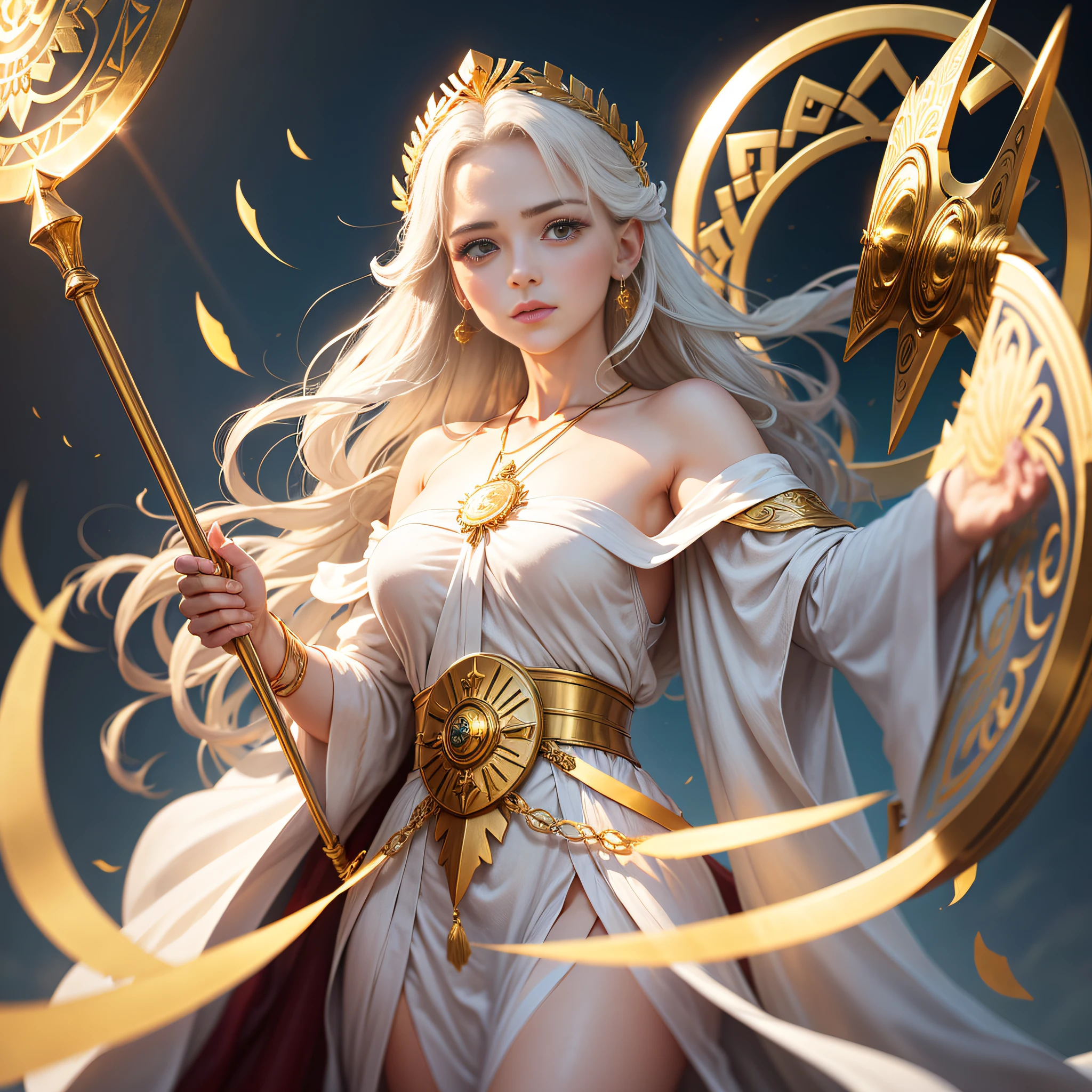 Look up at the camera,atenea,White one-shouldered robe,golden staff,Golden round shield,Olive branch head ring --auto