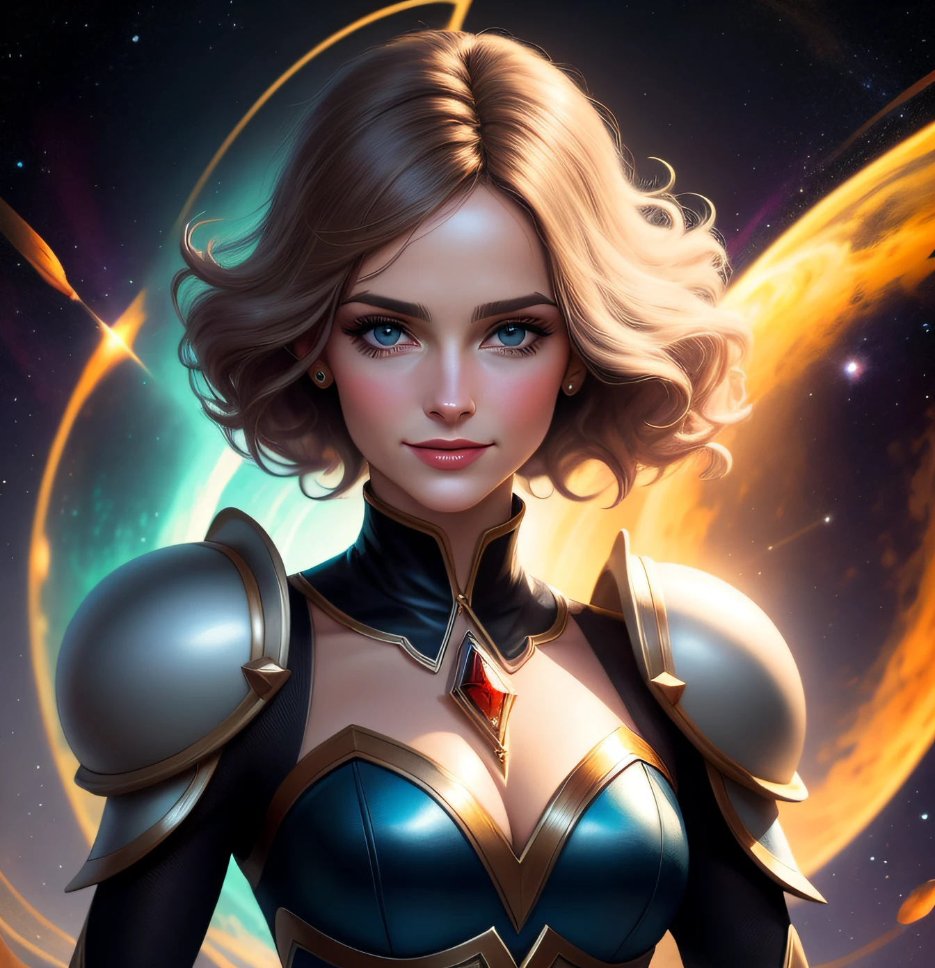 uma mulher, cabelos roxos e azuis, up to the shoulder, olhos castanhos cor de mel, sorriso no rosto, roupa de princesa. Olhando para dois porta retratos, com foto de homem. Colorful cosmic space background in circular motion. Standard human body, duas pernas, two arms, perfect hands, High Definition Face, face humana perfeita, digital illustation, oil-painting, alta qualidade, dynamic  lighting, etherial lighting, Ultra Detalhe, elegante, obra-prima