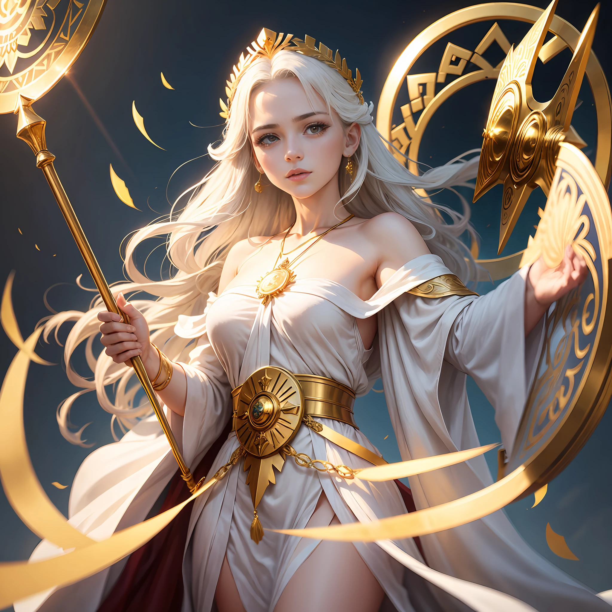 Look up at the camera,atenea,White one-shouldered robe,golden staff,Golden round shield,Olive branch head ring --auto