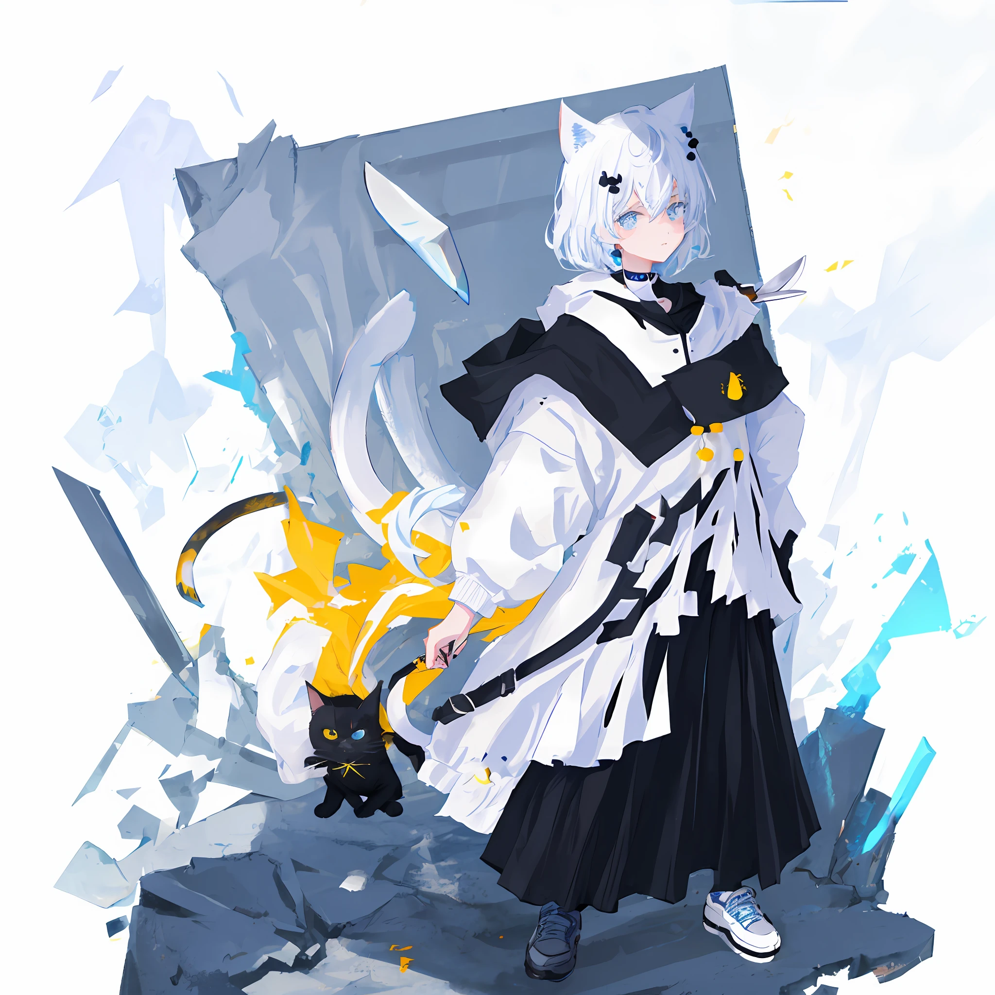 whole body picture,standing on your feet,Black JK uniform,blue short hair,With cat ears,White color blouse,Black hooded coat,The cat wears a bell on its tail,A small rainbow mark on the face,holding a black long knife