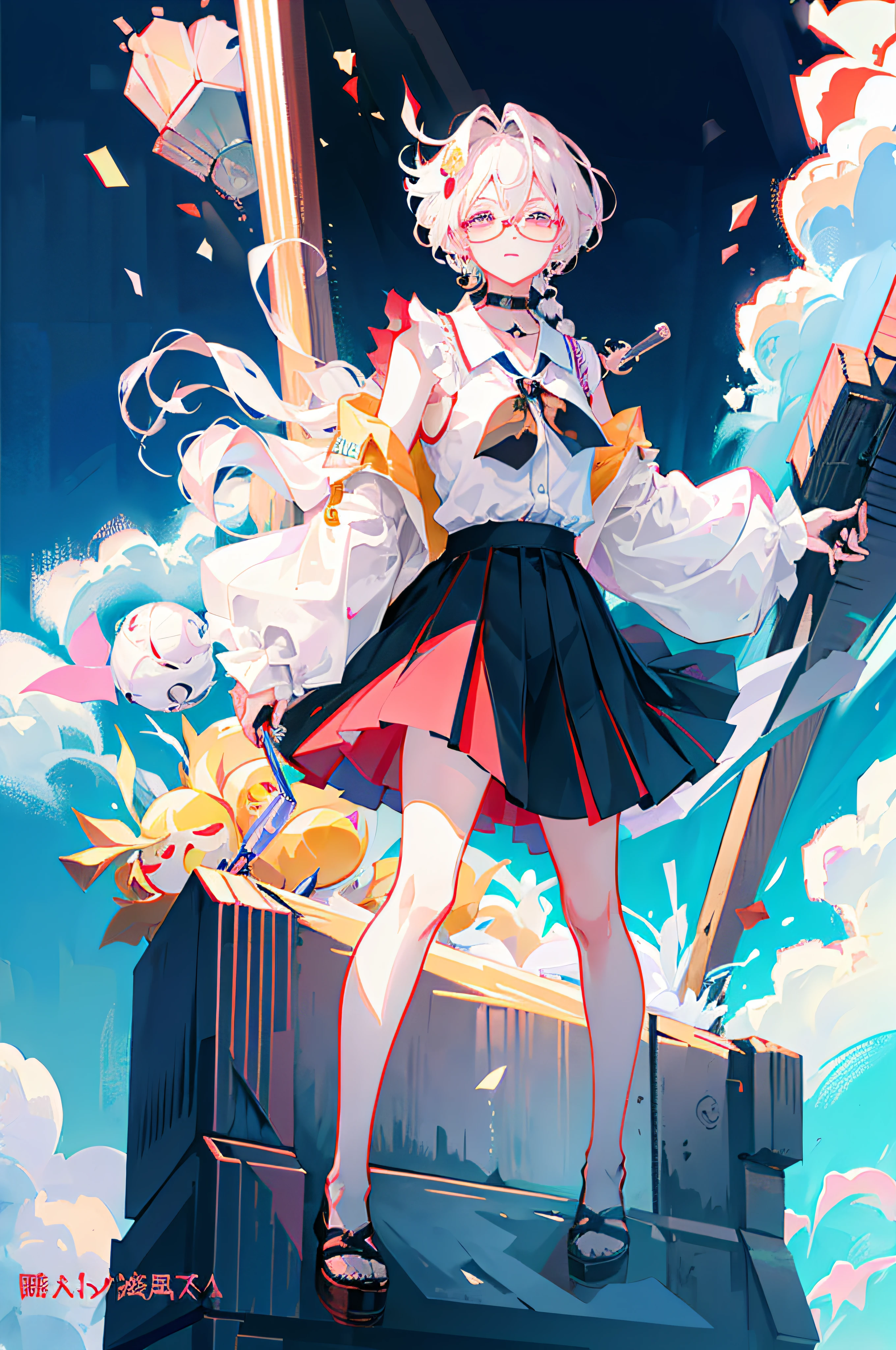 Best quality, 超高分辨率, (Photorealistic:1.4), 1womanl, sleeveless white button shirt, Black skirt, Black choker, ((Glasses)), (Kpop idol), (aegyo sal:1), (Platinum blonde hair Gray hair:1), ((Puffy eyes)), view the viewer, full body, Flowers