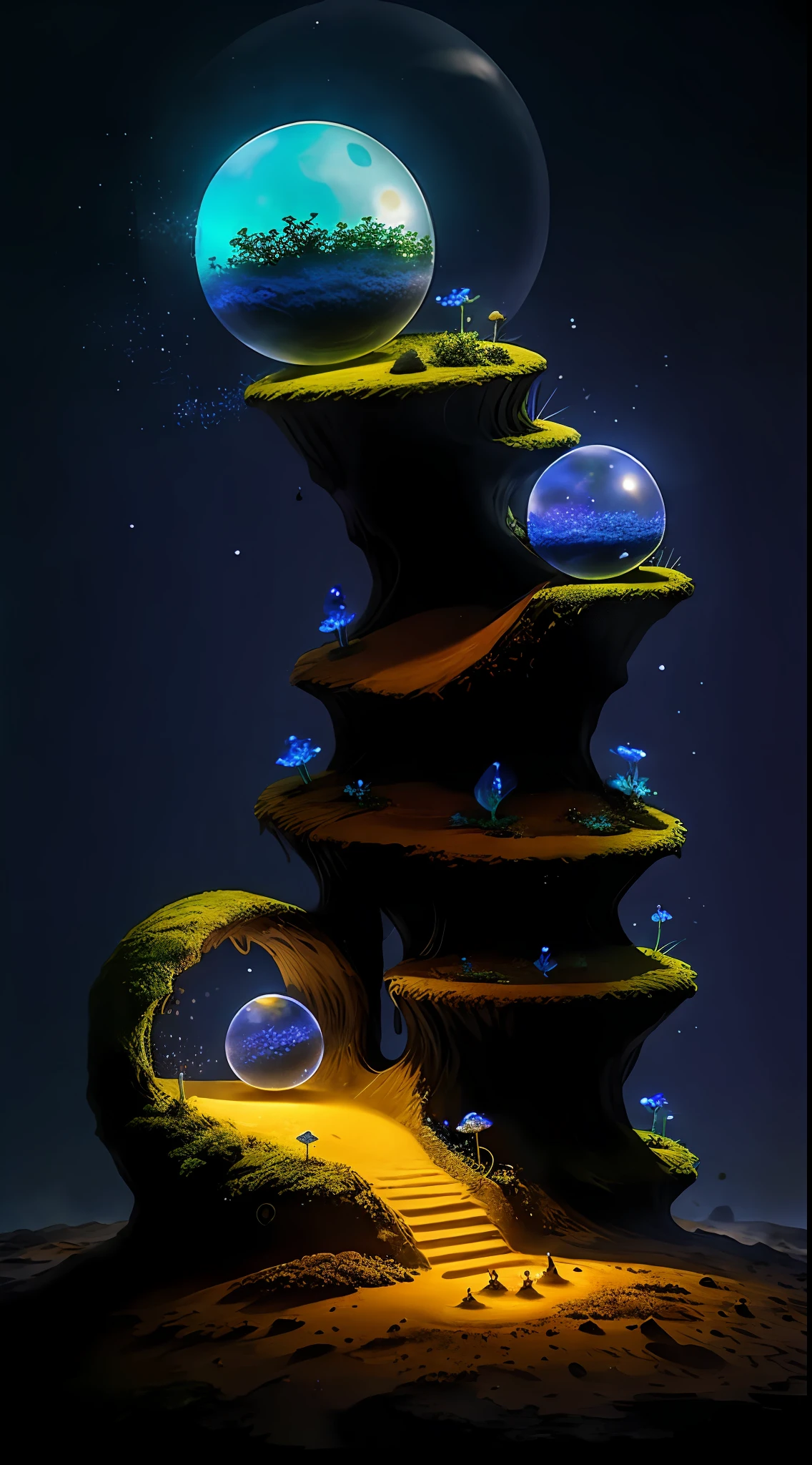 Cute anthill with moss and cute glowing ants sitting on it,Made of sand,Blue Higan flowers bloom,Transparent fog,The hemispherical shape looks down from the sky,fanciful,Artistically,ultraclear,hyper-detailing,8K